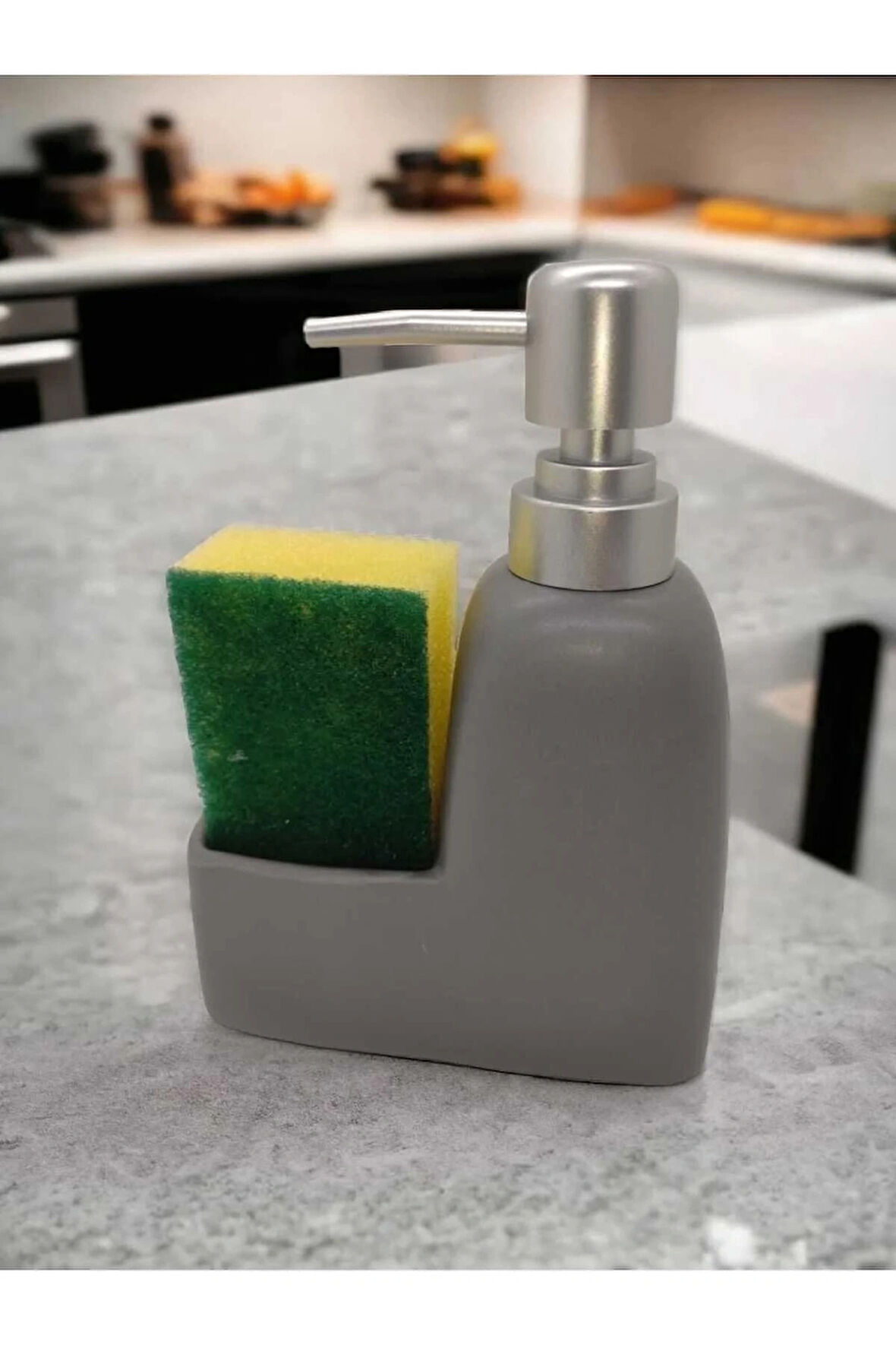 Lüks Porselen Mat Beyaz Siyah Gri Süngerli Mutfak Sıvı Sabunluk Bulaşık Deterjanlık Gümüş Kapak