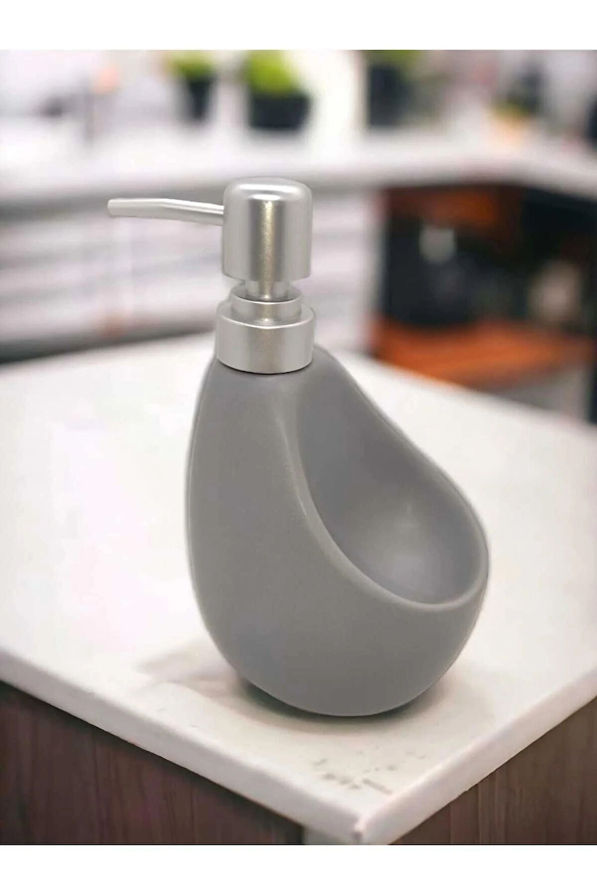 Lüks Porselen Gri 500 ml Süngerli Banyo Mutfak Sıvı Sabunluk Bulaşık Deterjanlık Gümüş Kapak