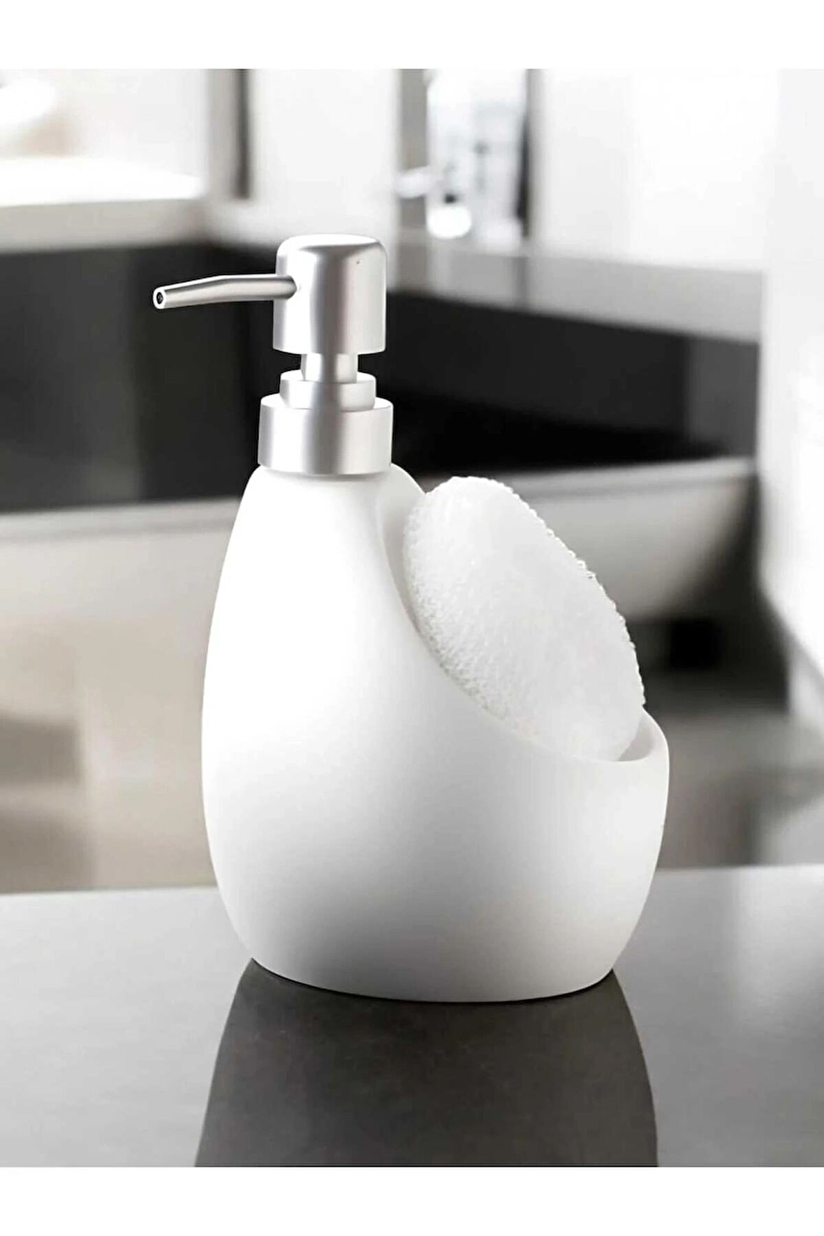 Seramik Mat Beyaz Süngerli Banyo Mutfak Sıvı Sabunluk 500ml Bulaşık Deterjamlık