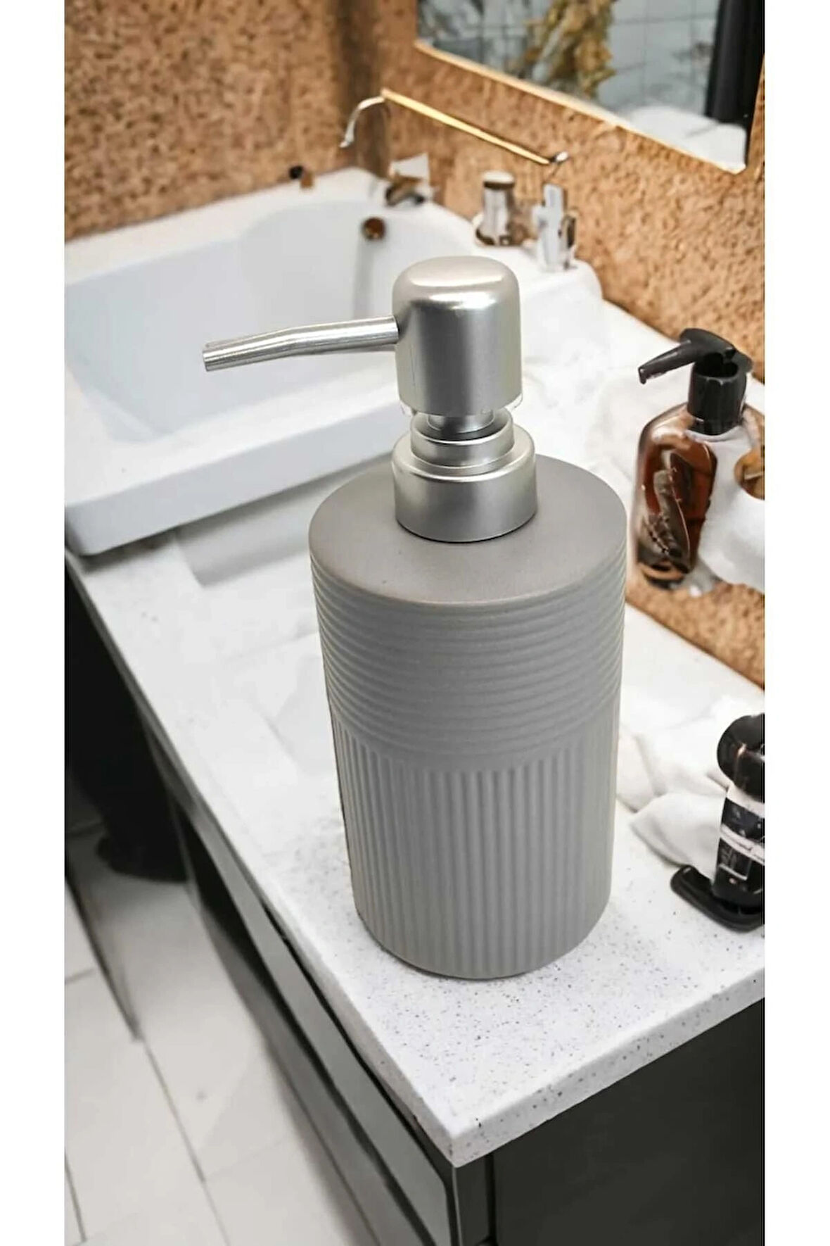 Lüks Porselen Gri İskandinav Banyo Mutfak Sıvı Sabunluk Bulaşık Deterjanlık Gümüş Renk Kapak