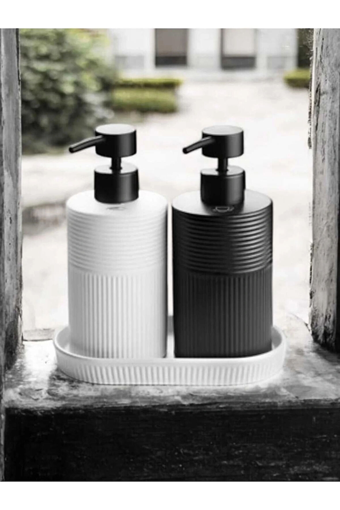 2li Lüks Stoneware Siyah Beyaz İskandinav Taş Mutfak Sıvı Sabunluk Standlı Bulaşık Deterjanlık