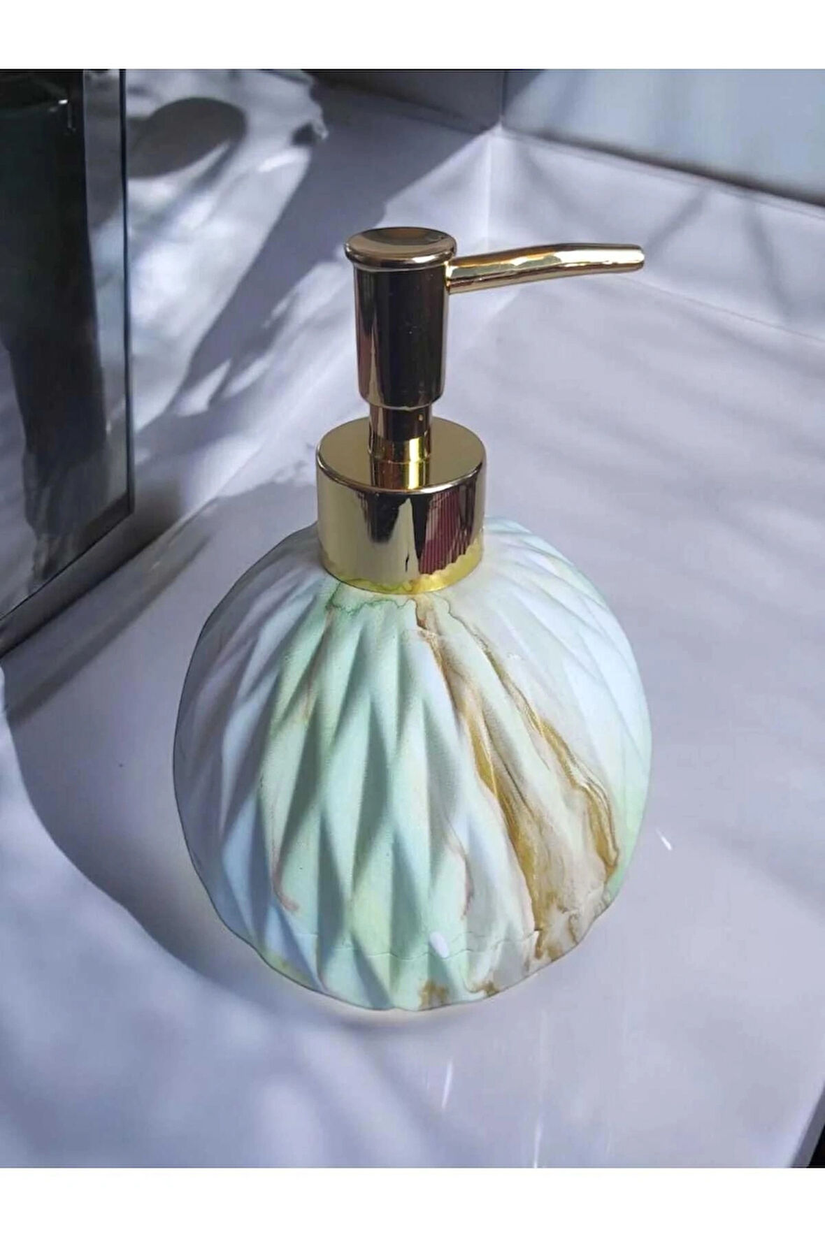 Su Yeşili Gold Detay Porselen Sıvı Sabunluk Turkuvaz Sabunluk Gold Pompa