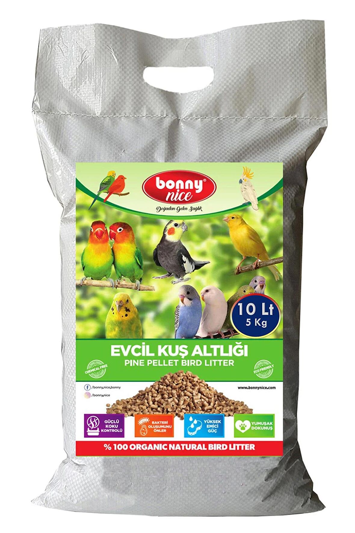 Bonny Nice Doğal Kuş Kumu Çam Pelet Muhabbet Kuş Kafes Altlığı 5 Kg 10 Lt