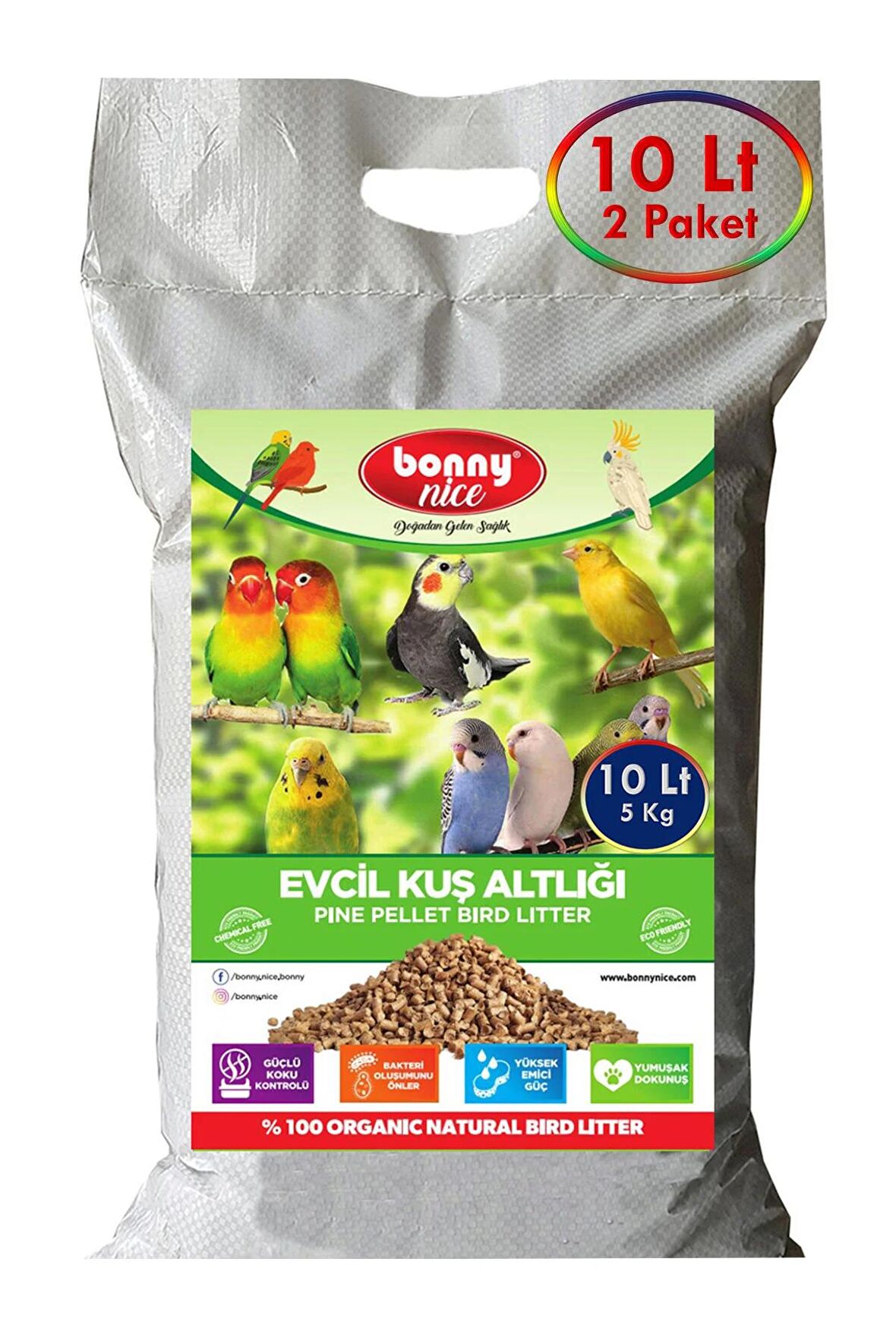 Bonny Nice Doğal Kuş Kumu Çam Pelet Muhabbet Kuş Kafes Altlığı 5 Kg 10 Lt (2 Adet)