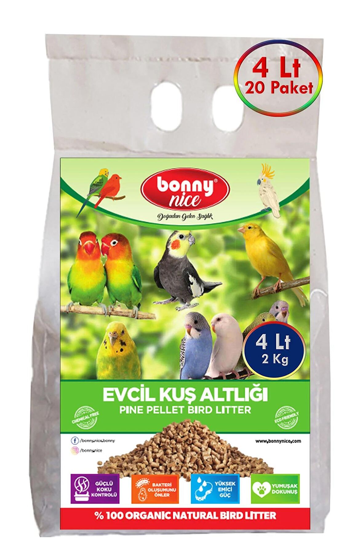 Bonny Nice Doğal Kuş Kumu Çam Pelet Muhabbet Kuş Kafes Altlığı 2 Kg 4 Lt (20 Adet)