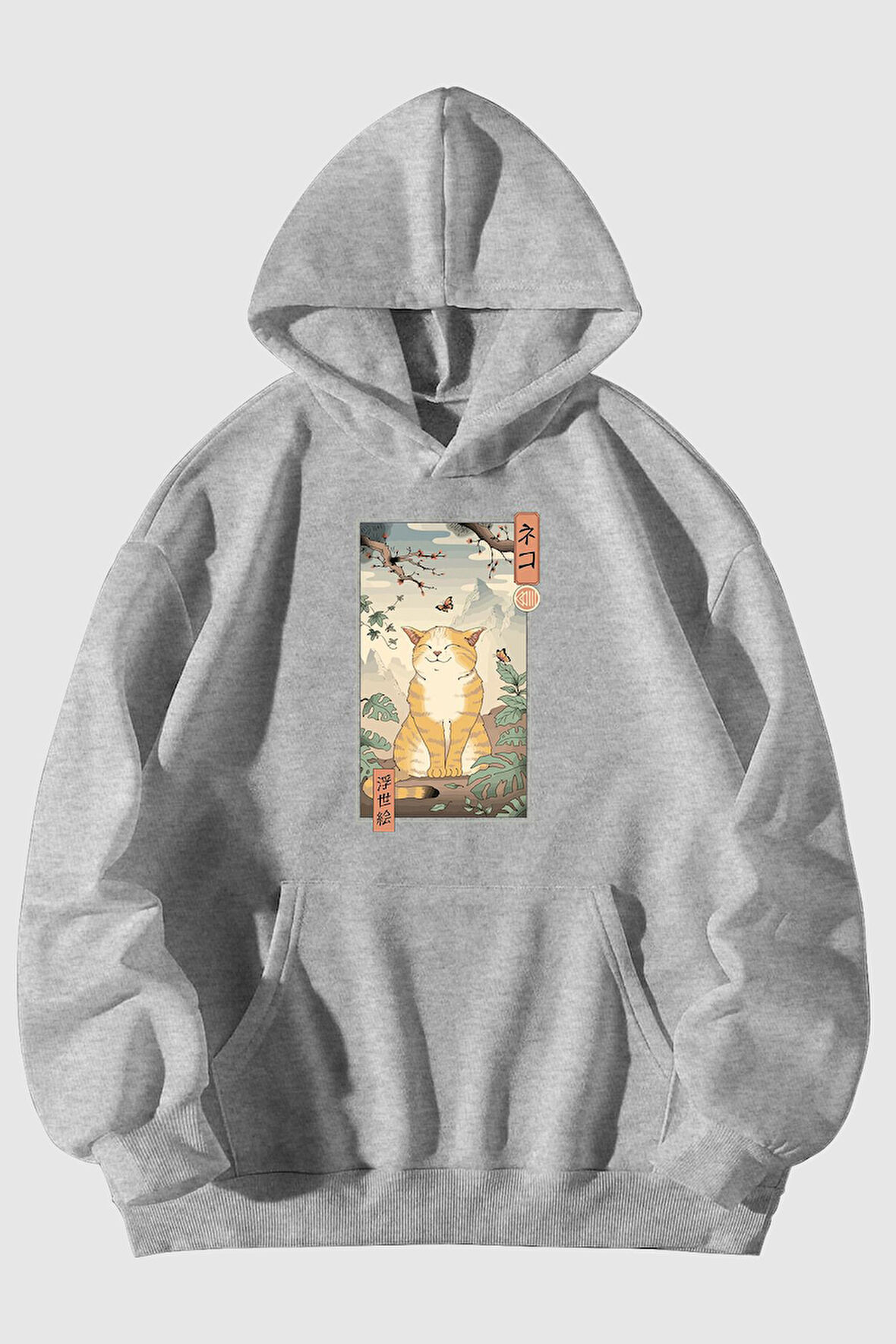 Mutlu Kedi Baskılı Unisex Siyah Kanguru Cepli Kapüşonlu Sweatshirt Hoodie | L