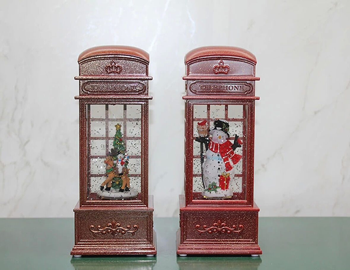 Telefon Kulübesi Tasarımlı Yılbaşı Temalı Işıklı Müzikli Kar Küresi Model 2