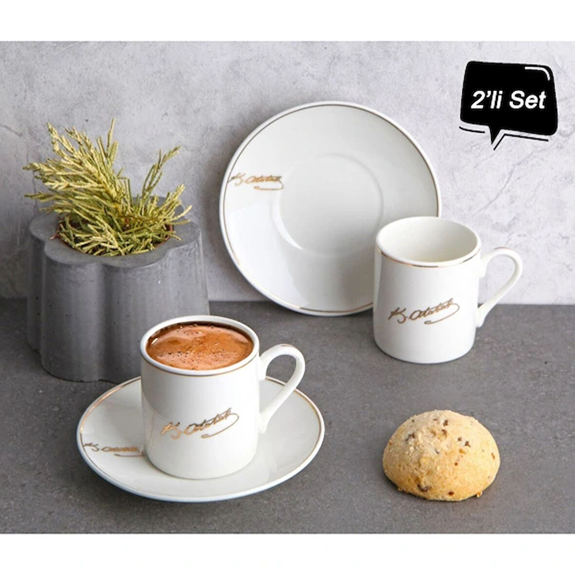 Atatürk İmza Tasarımlı Porselen 2'li Kahve Seti