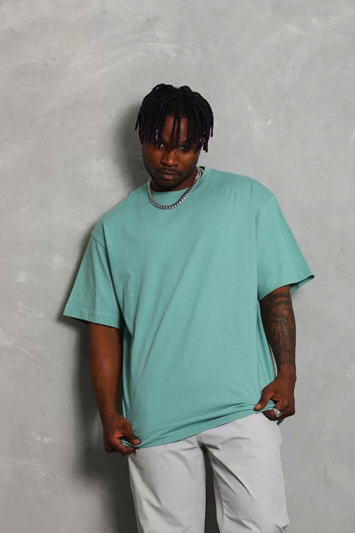 Unisex Oversize Düz Bisiklet Yaka T-Shirt - Mint Yeşili