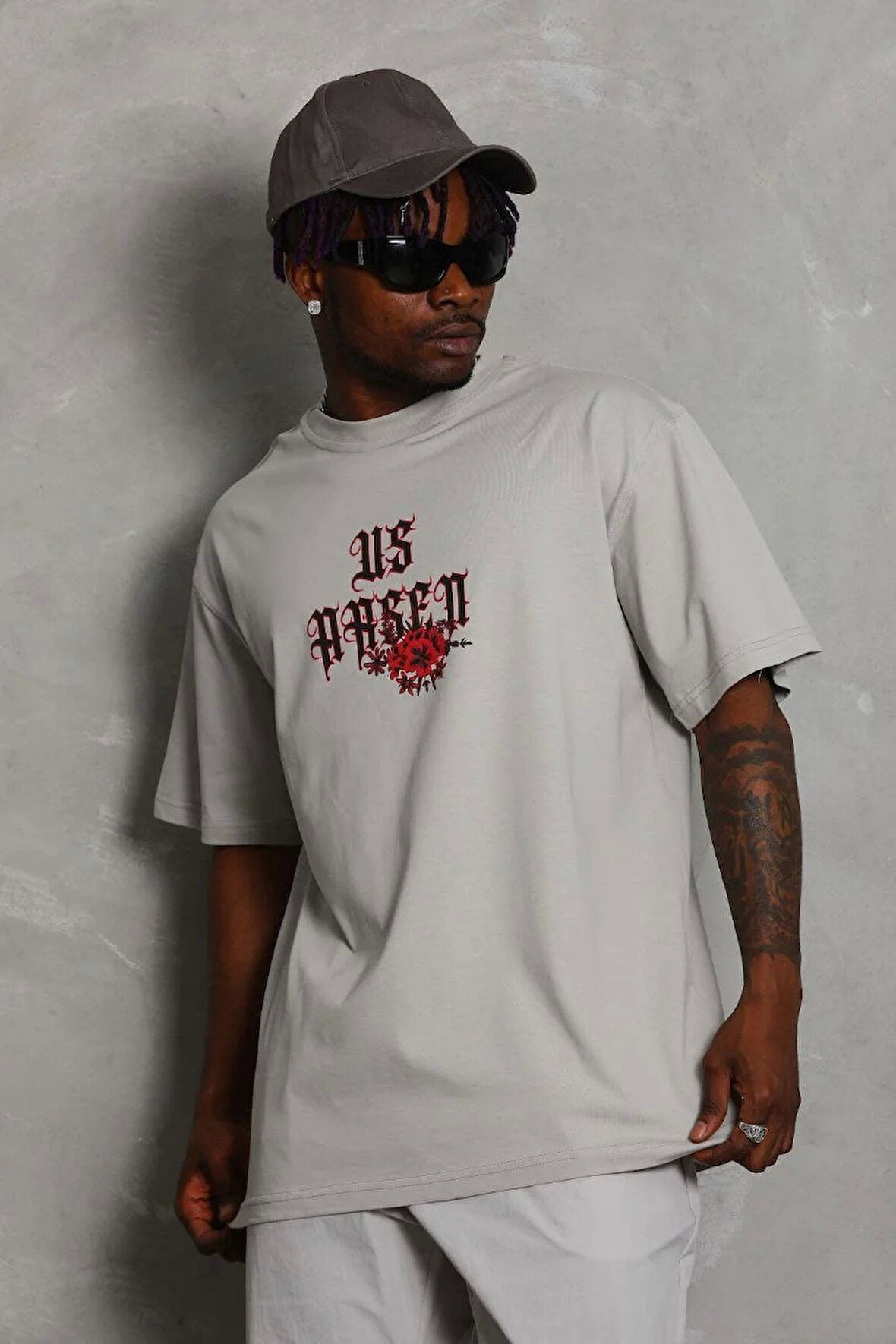 Unisex Oversize Baskılı Bisiklet Yaka T-Shirt - Gri