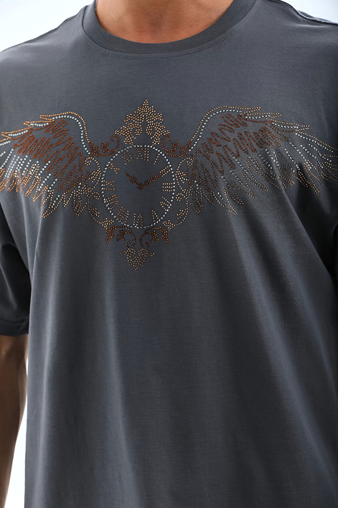Unisex Oversize Taşlı Bisiklet Yaka T-Shirt - Füme