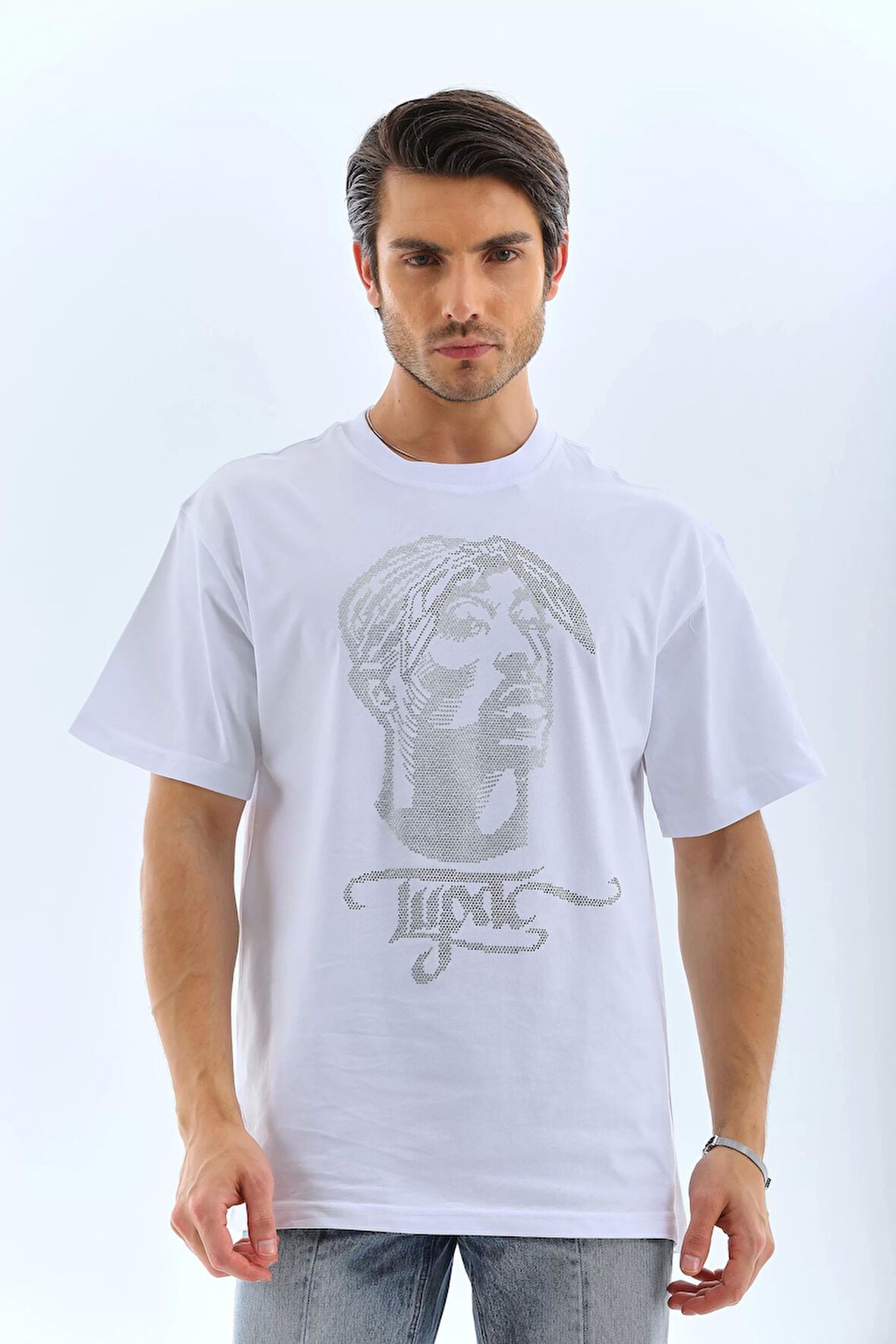 Unisex Oversize Taşlı Bisiklet Yaka T-Shirt - Beyaz