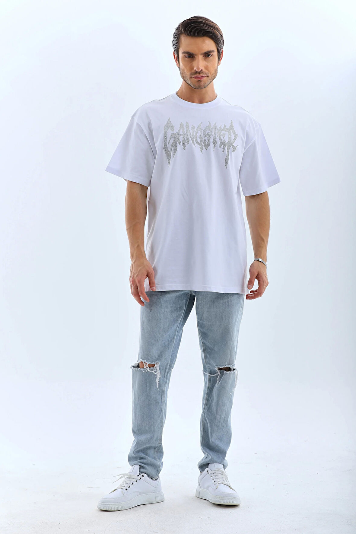 Unisex Oversize Taşlı Bisiklet Yaka T-Shirt - Beyaz