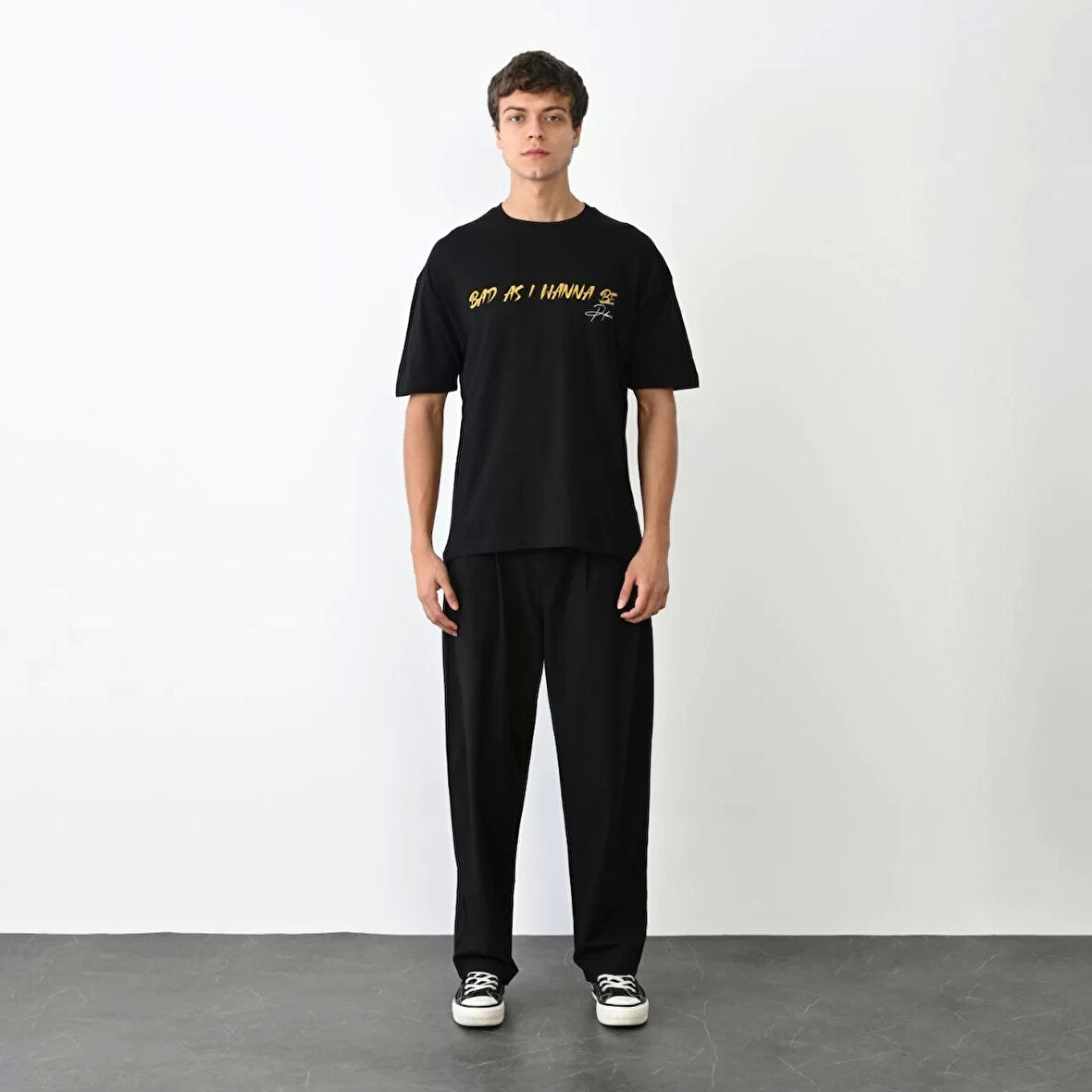 Unisex Bisiklet Yaka Baskılı Oversize T-Shirt - Siyah