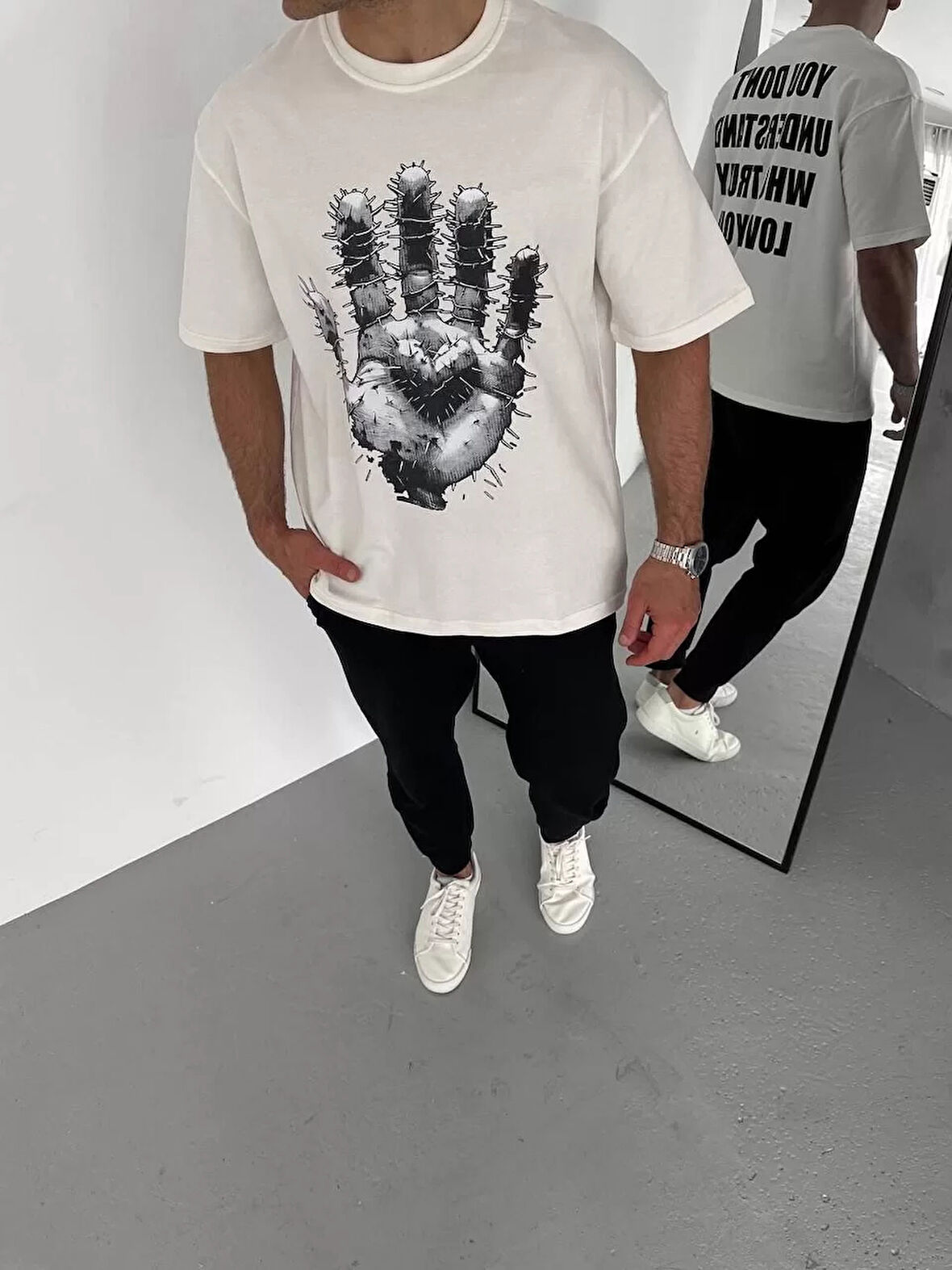 Unisex Bisiklet Yaka Baskılı Oversize T-Shirt - Beyaz