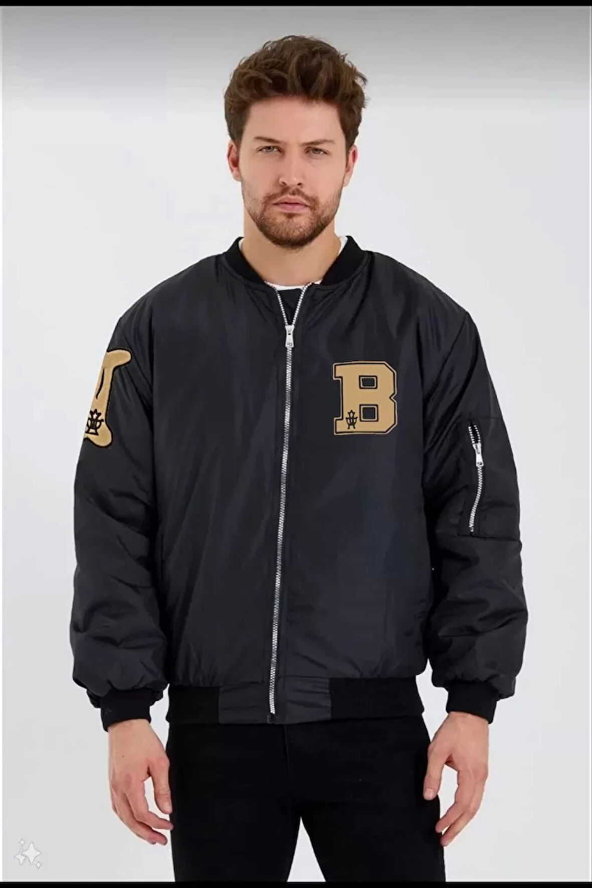 Unisex Uzun Kol Baskılı Bomber Ceket - Siyah