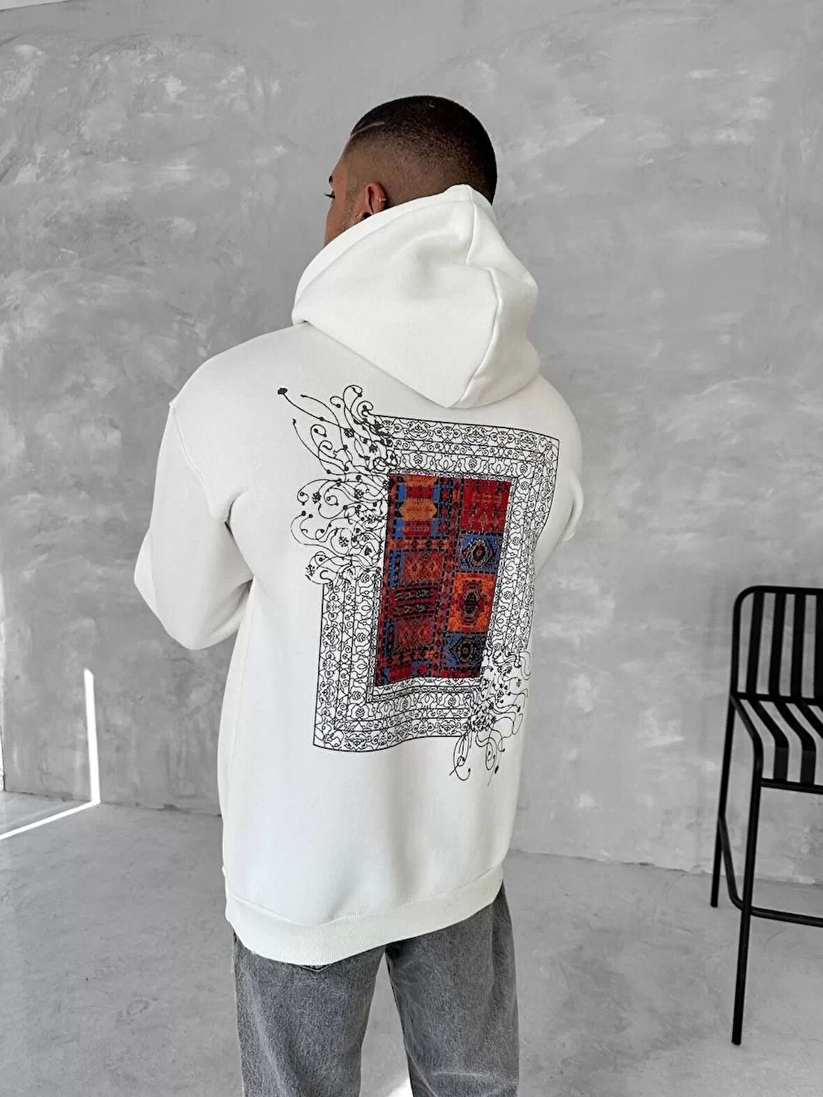 Uzun Kol Kapüşonlu Ön Ve Arka Baskılı SweatShirt - Beyaz