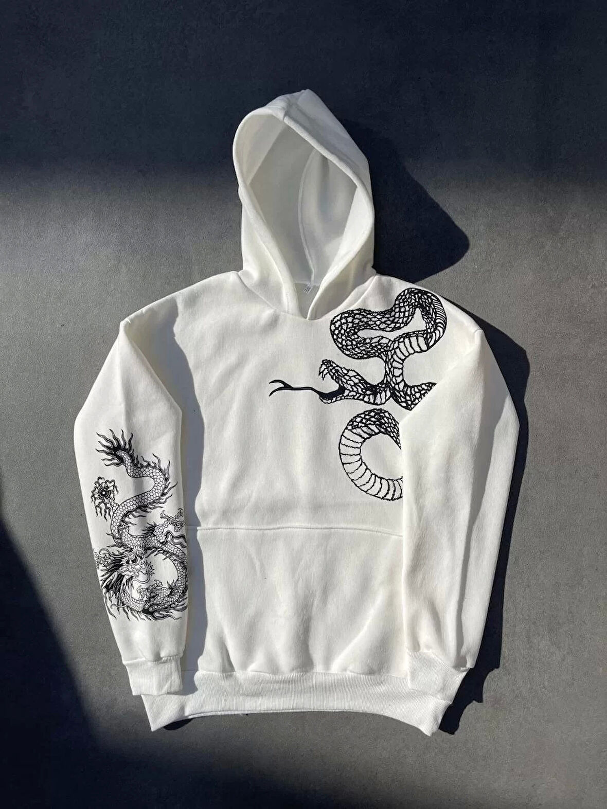 Uzun Kol Kapüşonlu Baskılı SweatShirt - Beyaz