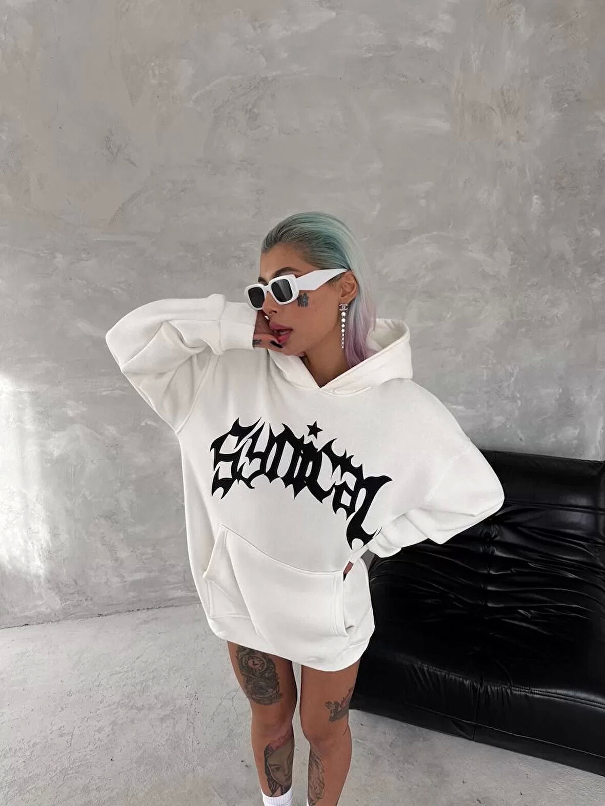 Unisex Üç İplik Kapüşonlu Baskılı SweatShirt - Beyaz