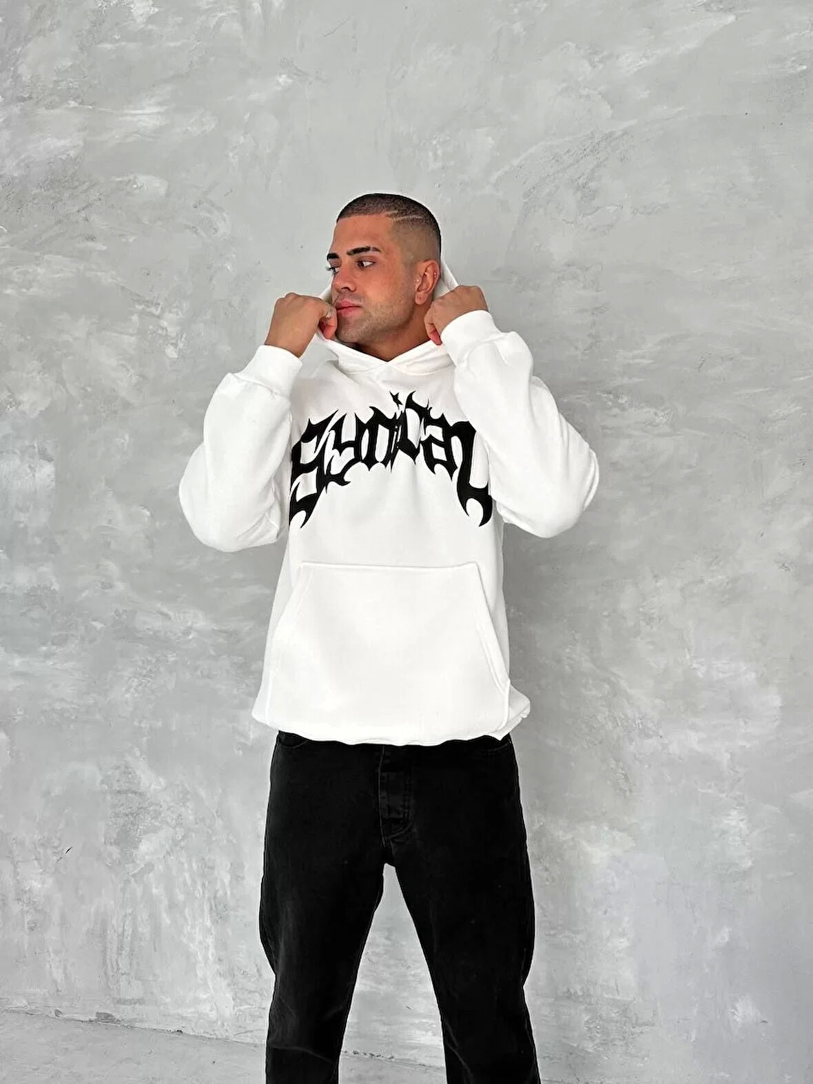 Unisex Üç İplik Kapüşonlu Baskılı SweatShirt - Beyaz