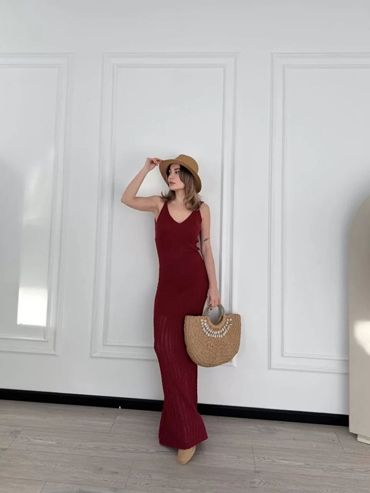 Örgülü Uzun Triko Elbise - Bordo