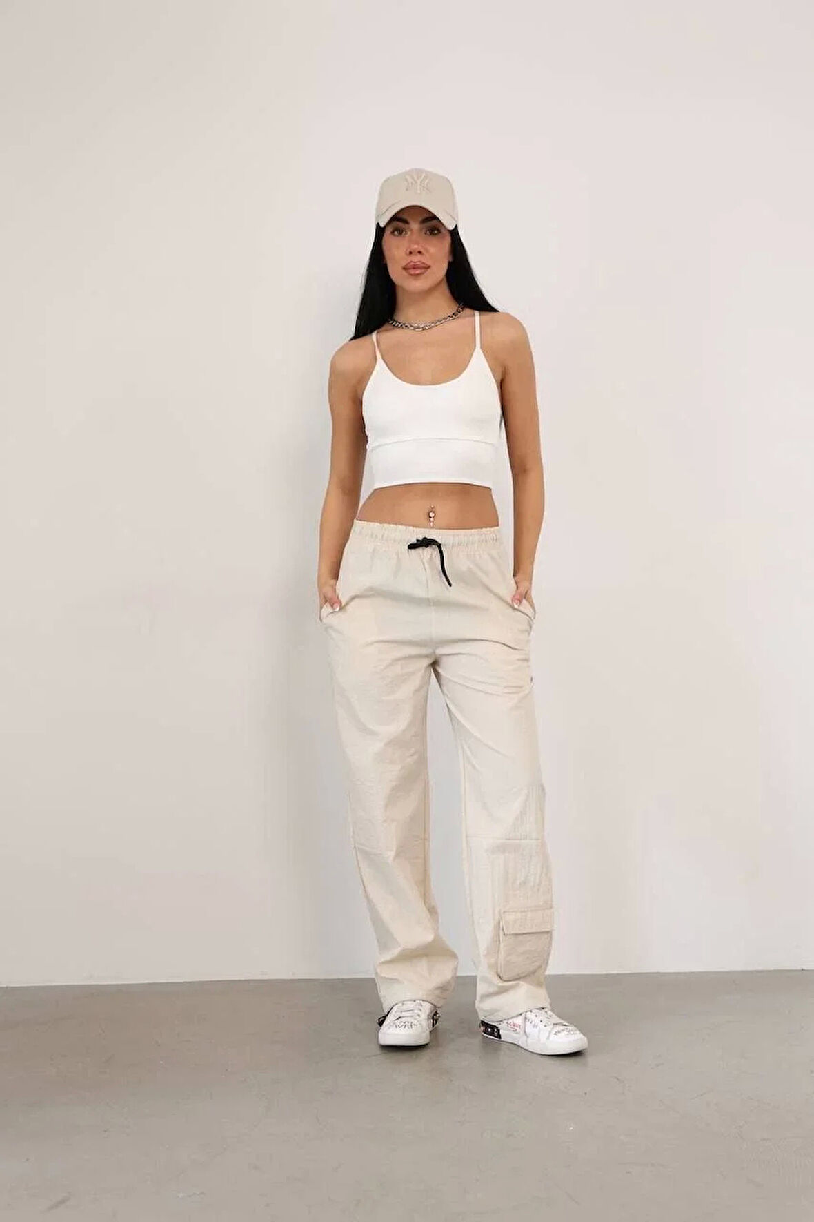 Paraşüt Kumaş Kargo Ceplı Baggy Eşofman- Bej