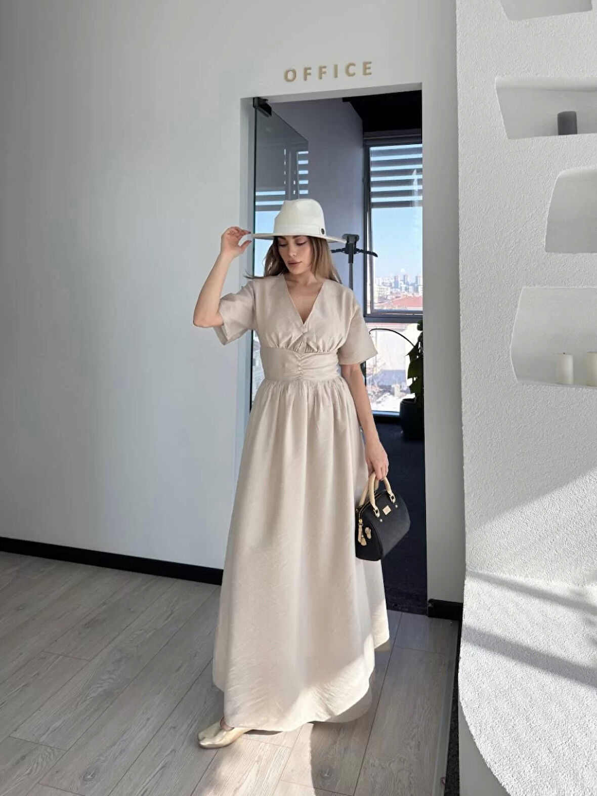 Kısa Kollu Uzun Elbise - Kırık Beyaz