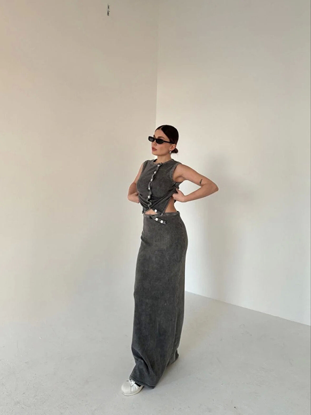 Uzun Etekli Önü Düğmeli Badi İkili Takım- Antrasit