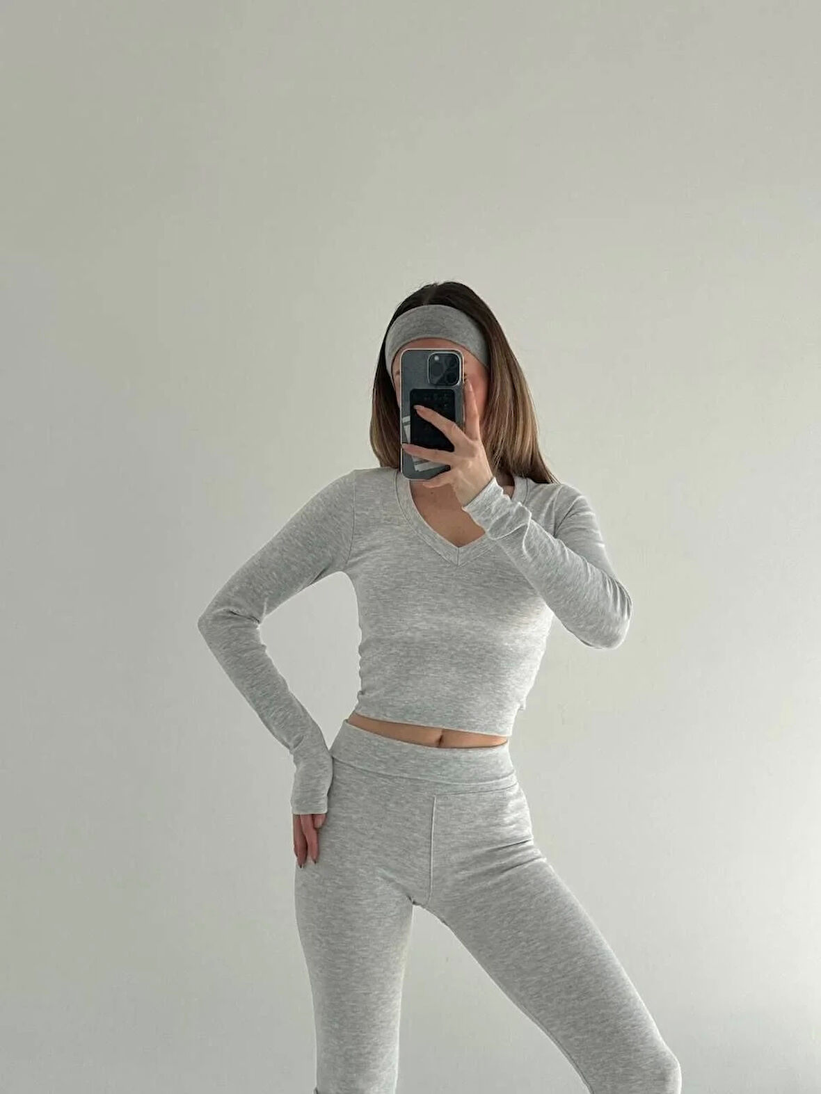 V yaka uzun kollu bluz İspanyol paçalı tayt İkili Takım - Gri