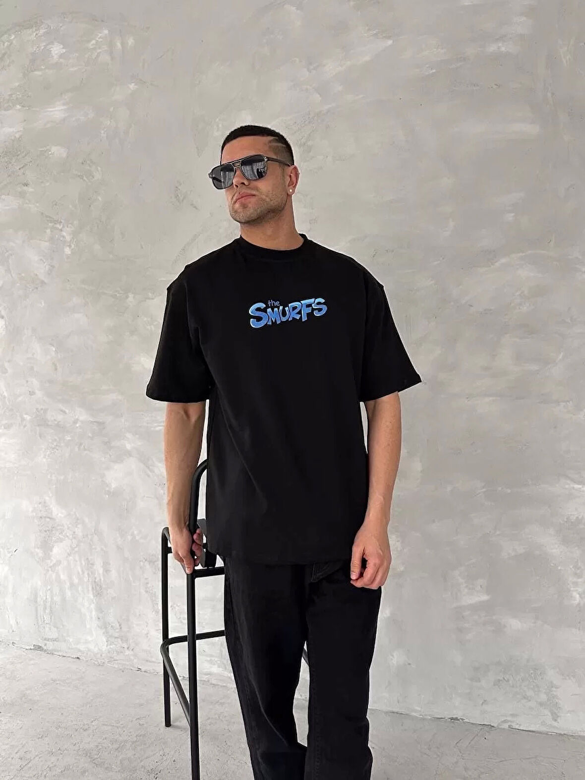 Ön ve Arka Baskılı Oversize Bisiklet Yaka T-shirt- Siyah