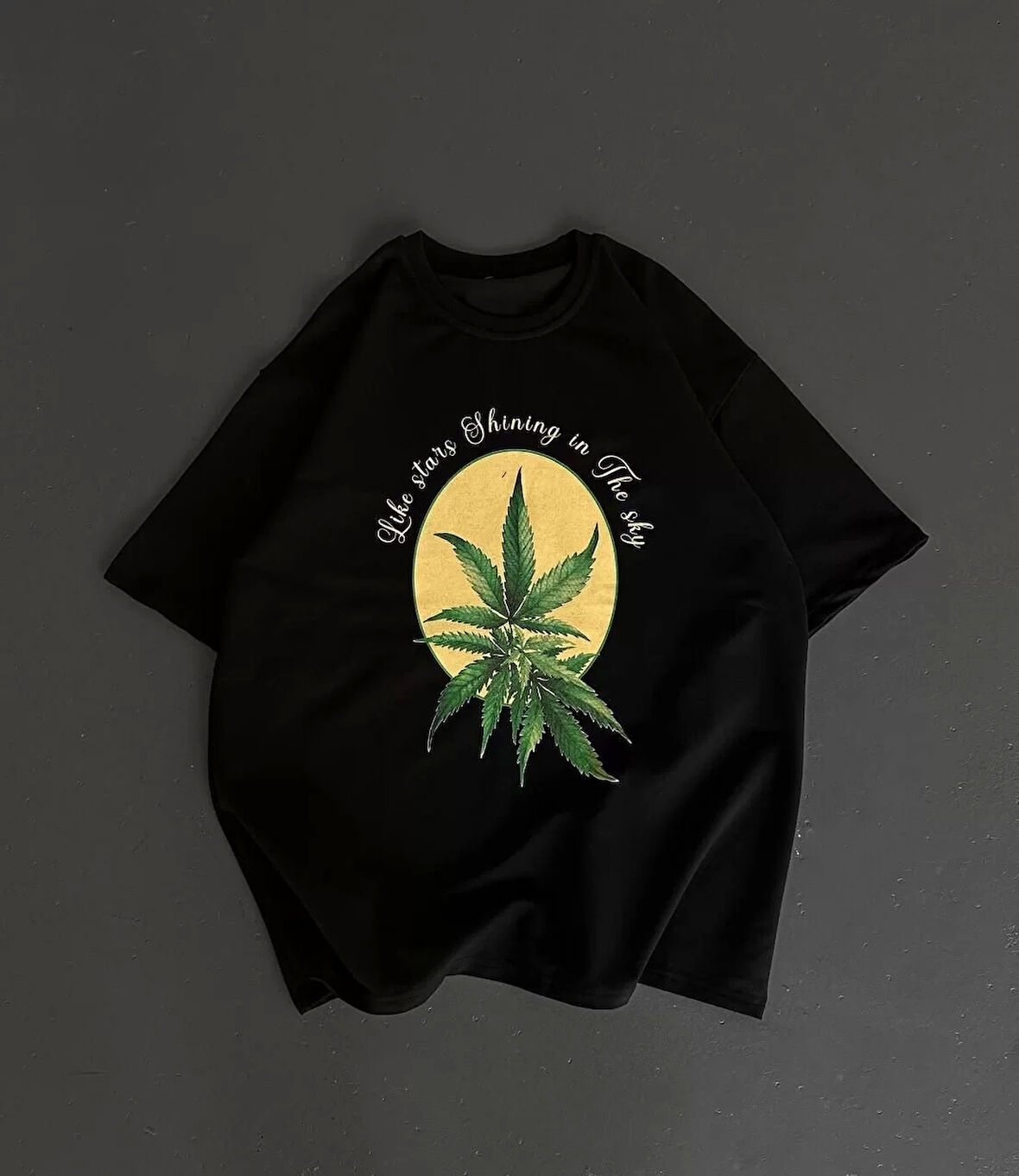 Ön ve Arka Baskılı Oversize Bisiklet Yaka T-shirt- Siyah