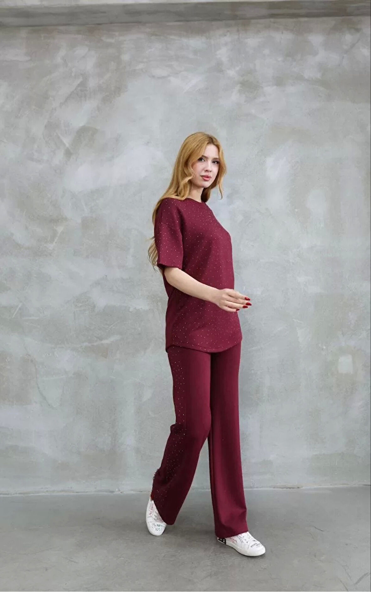 Osy Modal Yumuşak dokulu Kumaş Bisiklet Yaka Taş detaylı Kısa Kollu Takım - Bordo