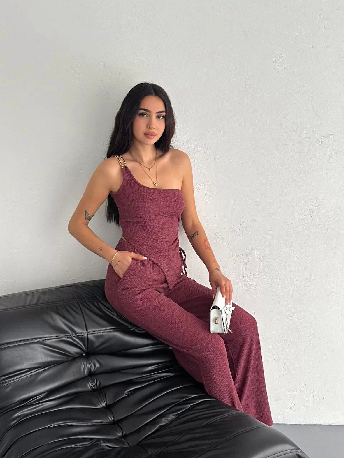 Asimetrik Crop Pantalon ikili Takım - Gül Kurusu