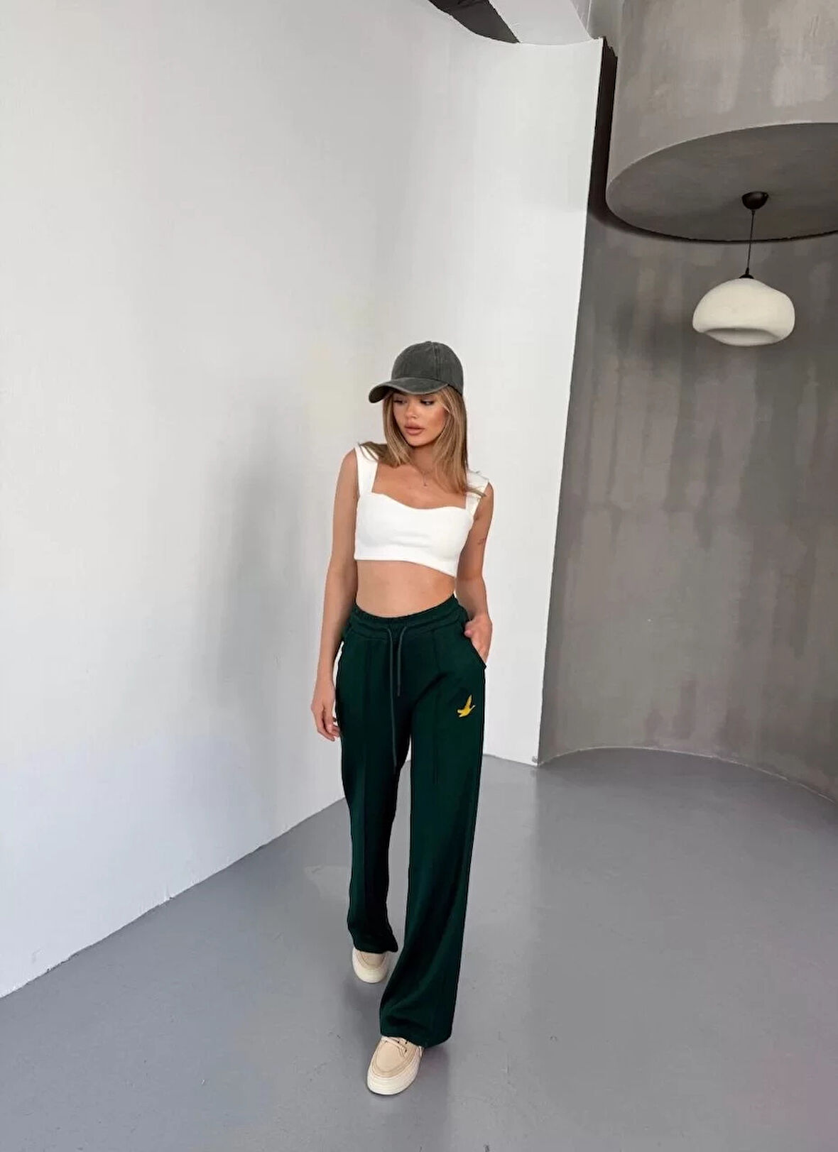 Osy Modal Yumuşak Dokulu Kumaş Nakış işlemeli Rahat Bol Paça Eşofman Pantalon - Yeşil