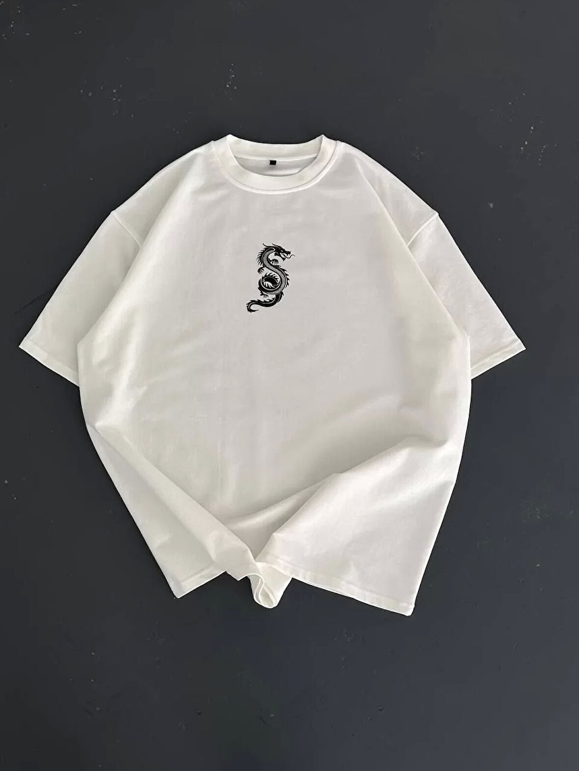 Baskılı Oversize Bisiklet Yaka T-shirt - Beyaz