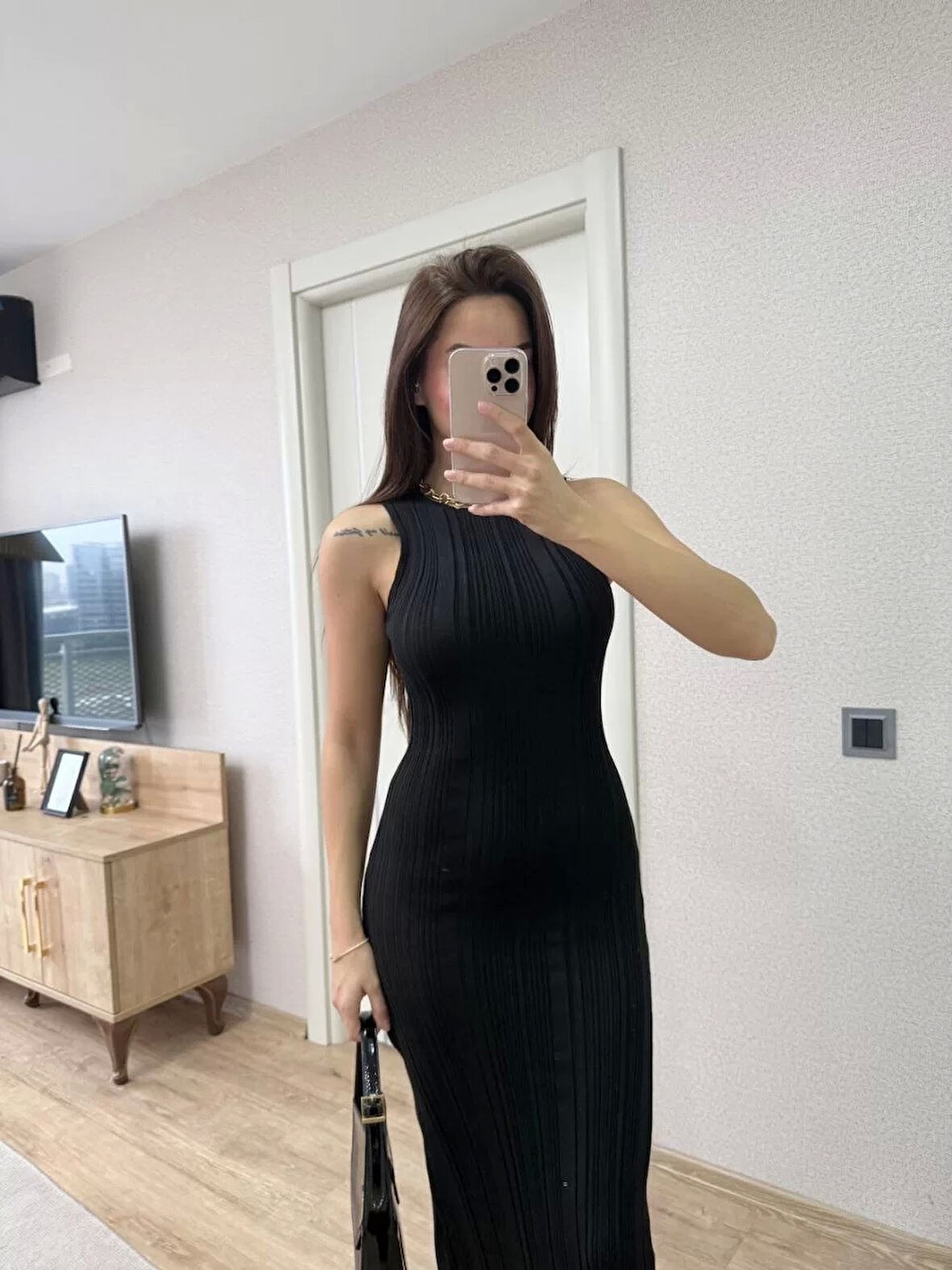 Fitilli Triko Elbise Kolsuz Sırtı Kapalı Maxi Uzun Boy - Siyah