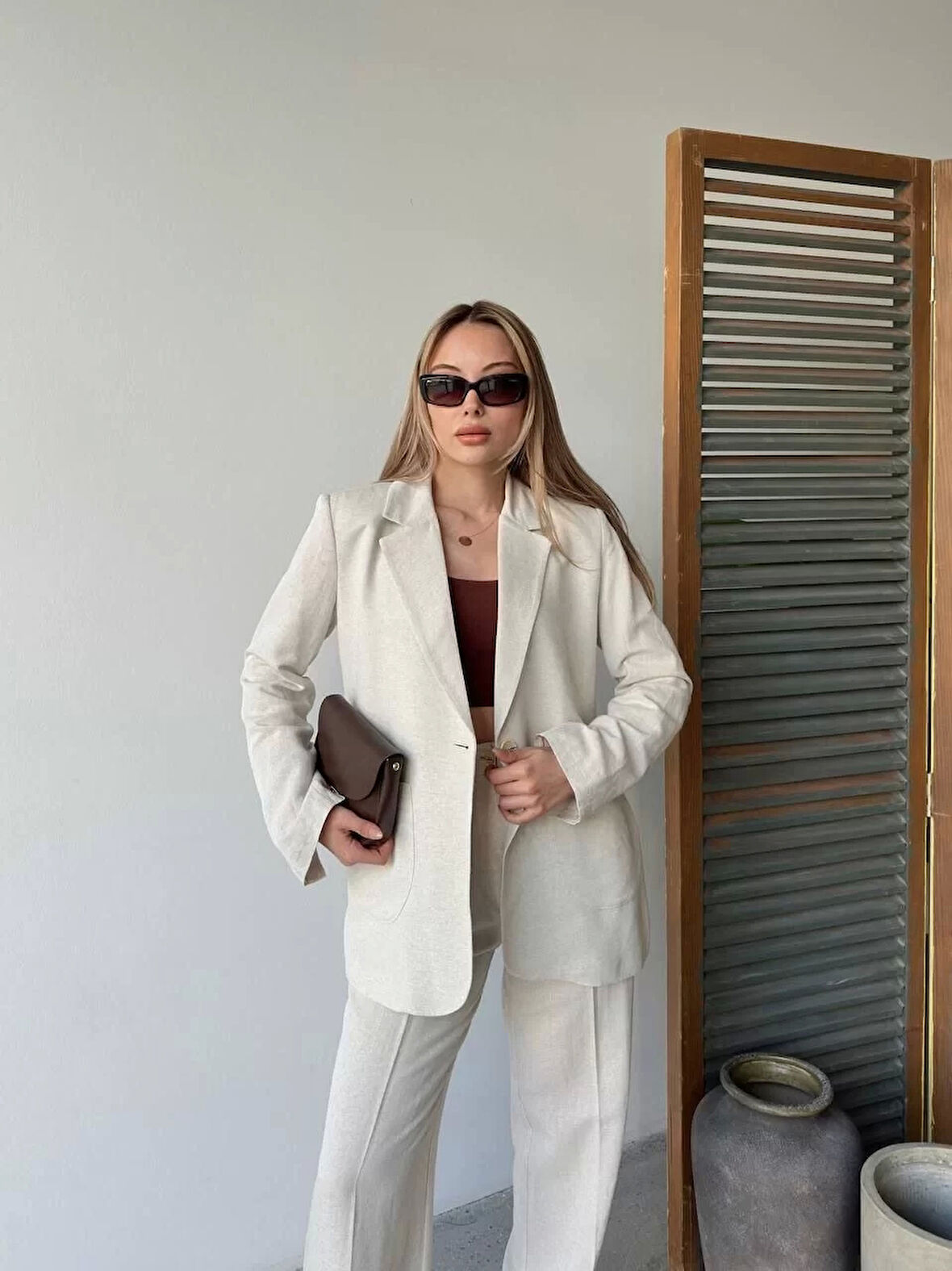 Keten Ceket Pantolon İlik Düğmeli Uzun Kollu Yırtmaçlı ikili Takım - Beyaz