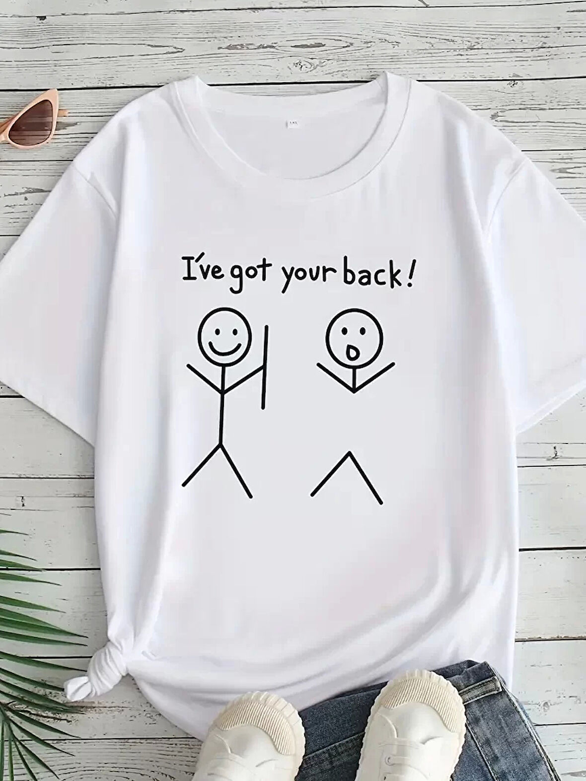 Kadın Beyaz "I've Got Your Back" Grafik Tişört - Eğlenceli Çubuk Tasarımlı Oversize Günlük Kısa Kollu Tişört, Polyester Örgü, Yuvarlak Yaka, İlkbahar ve Yaz için Mükemmel, Günlük Giyim Tişört | Eğlenceli Tasarım | Polyester Kumaş - Beyaz