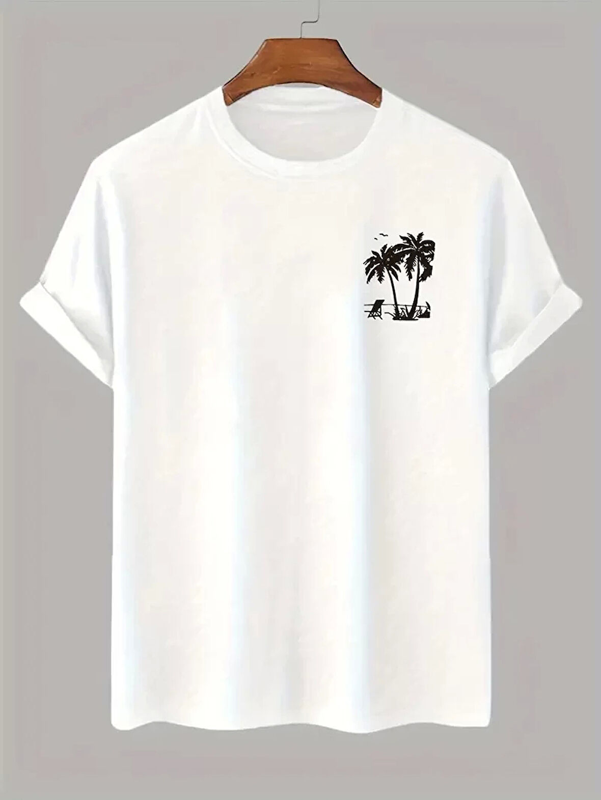 20/1 Penye Compack Palmiye Baskılı Oversize Bisiklet Yaka Kısa Kol T-shirt - Beyaz