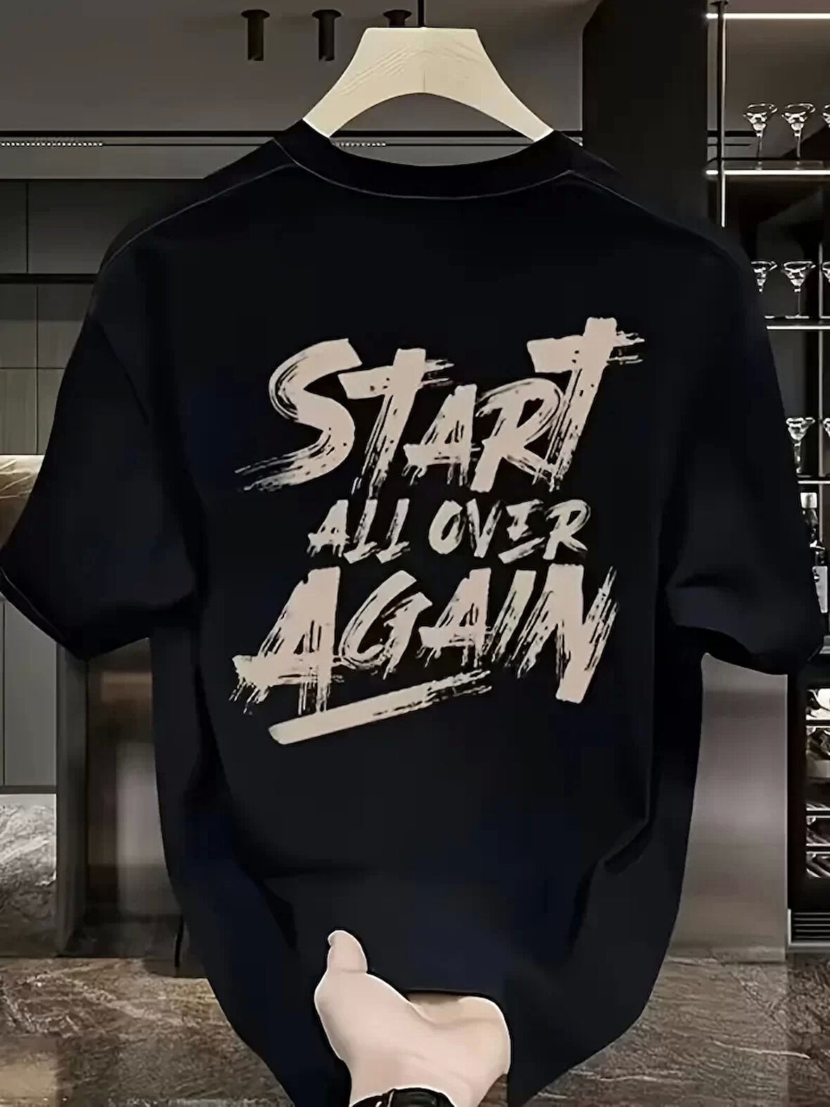 20/1 Penye Compack Start All Over Baskılı Oversize Bisiklet Yaka Kısa Kol T-shirt - Siyah
