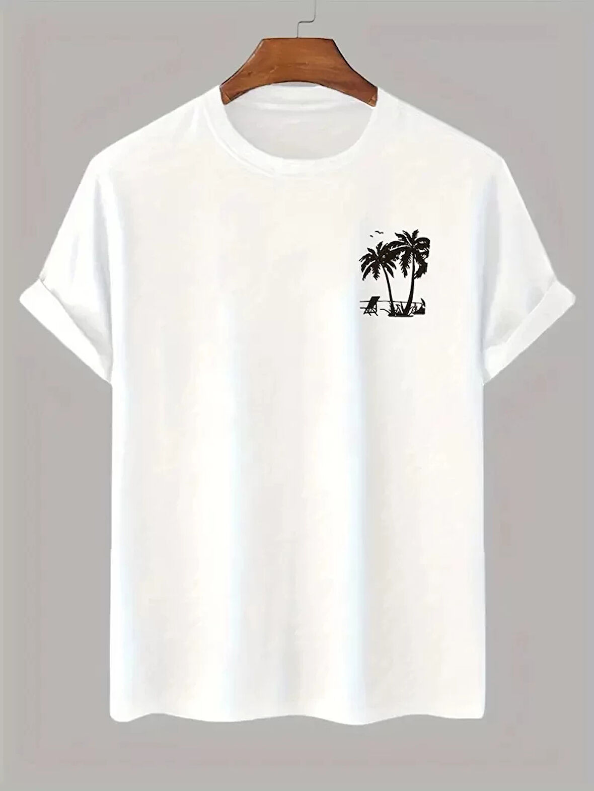 20/1 Penye Compack Palmiye Ön Baskılı Oversize Bisiklet Yaka Kısa Kol Yazlık T-shirt - Beyaz