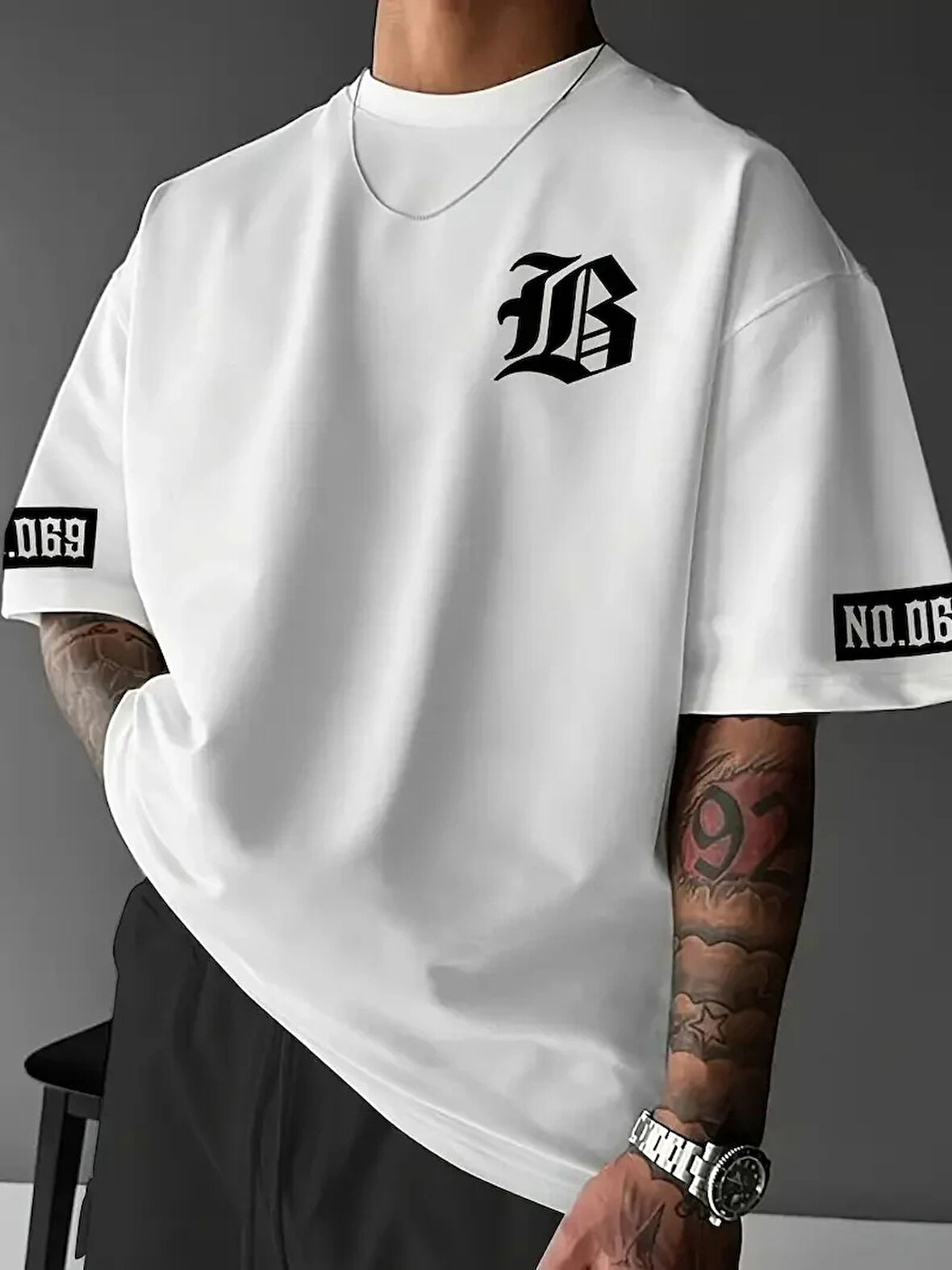 LB Baskılı Ön Arka Oversize Bisiklet Yaka Kısa Kol T-shirt - Beyaz