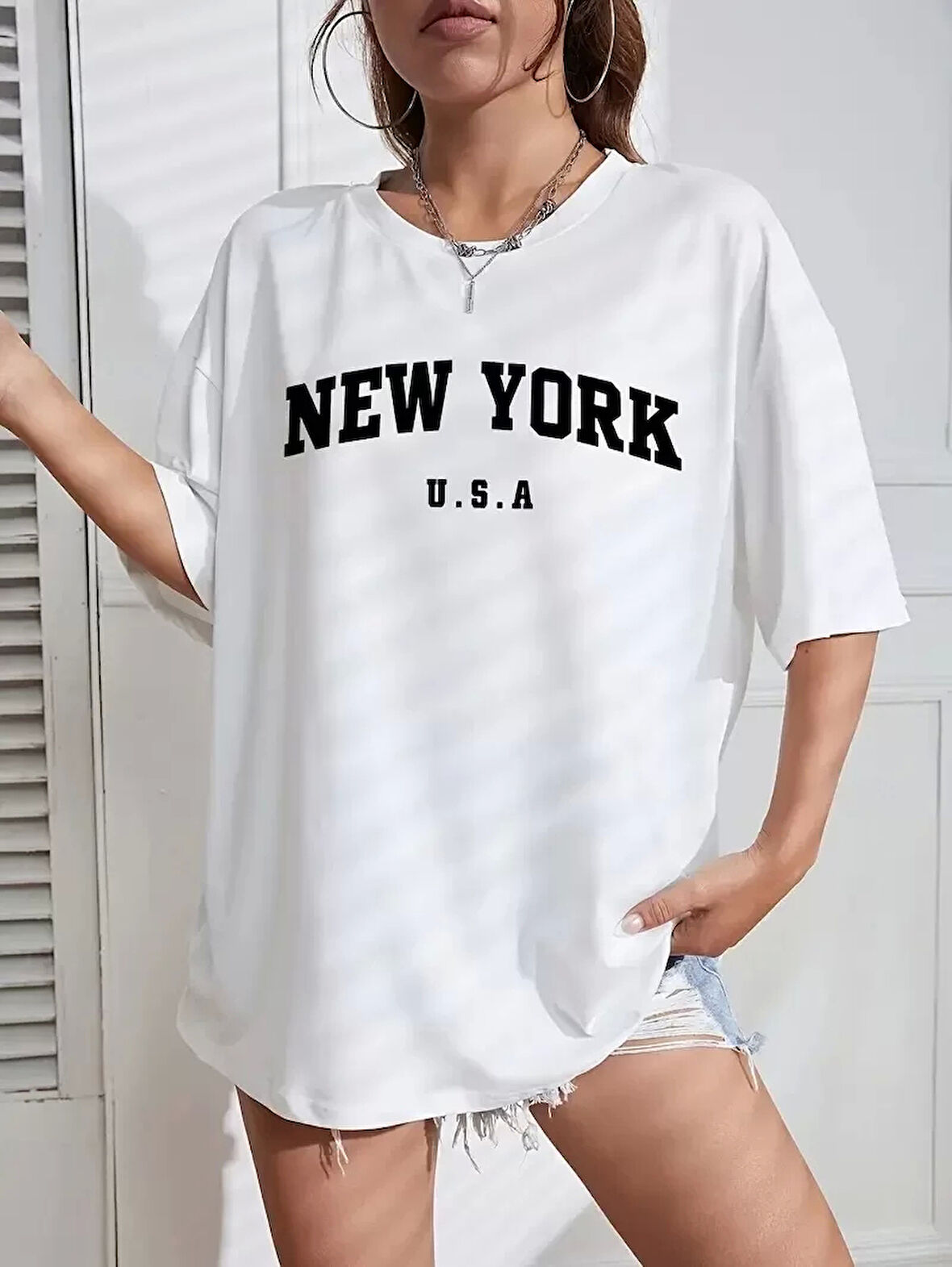 20/1 Penye CompackNew York Baskılı Oversize Kısa Kol Bisiklet Yaka T-shirt - Beyaz