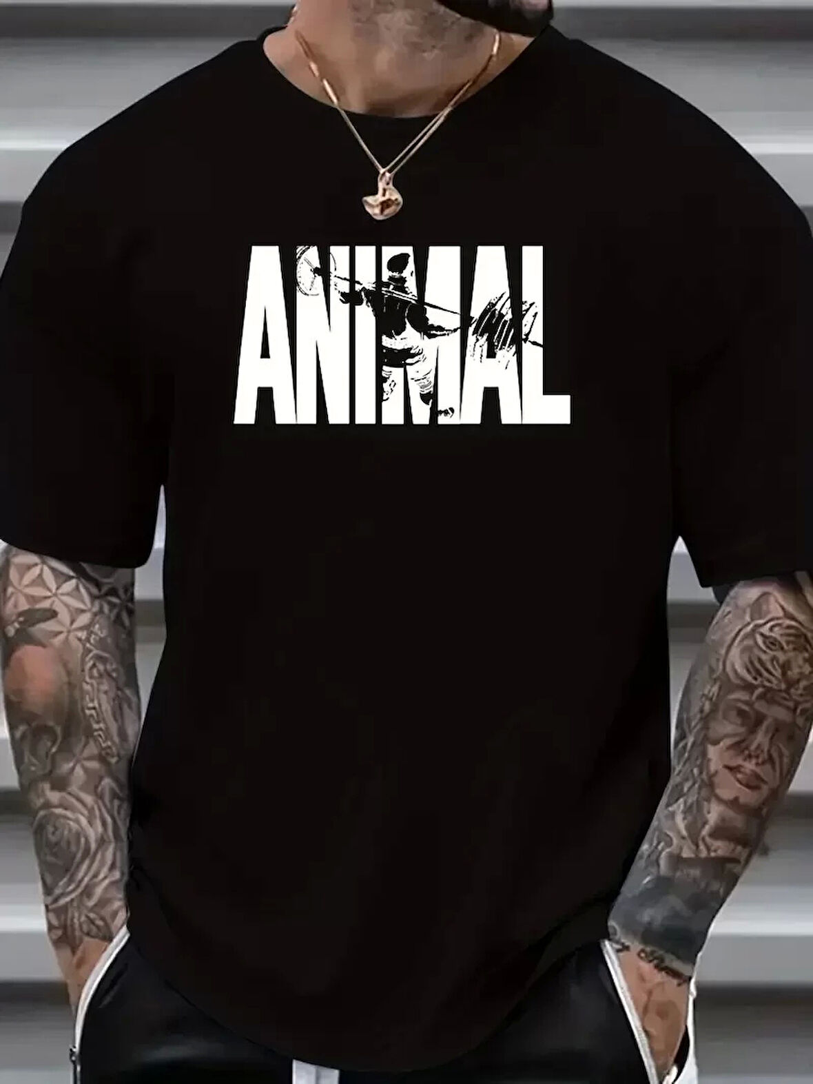ANIMAL Desen Baskı Erkek Oversive Tişört, Grafik Tişört Erkek Yazlık Outdoor Kıyafetleri, Sporda ve Günlük Giyime Uygun  - Siyah