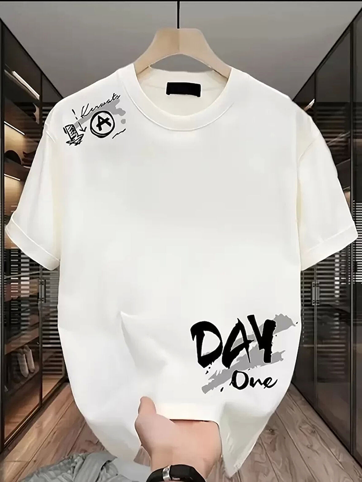 Day One Baskılı Oversize Bisiklet Yaka T-shirt - Beyaz