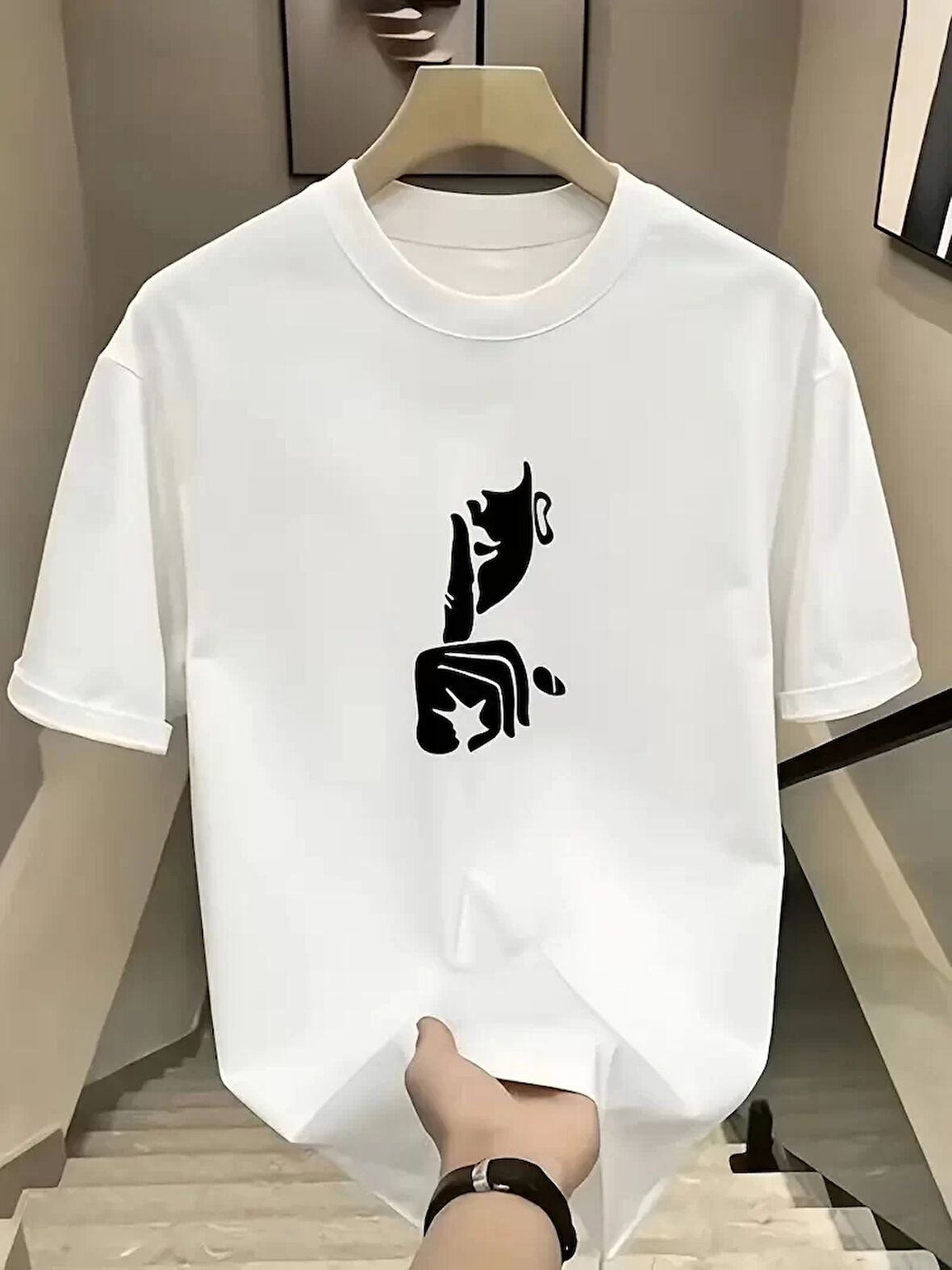 Rahat Bisiklet Yaka Tişört, Yaratıcı Karikatür Baskı - Yumuşak Polyester, Her Mevsim Giyilebilir- Beyaz