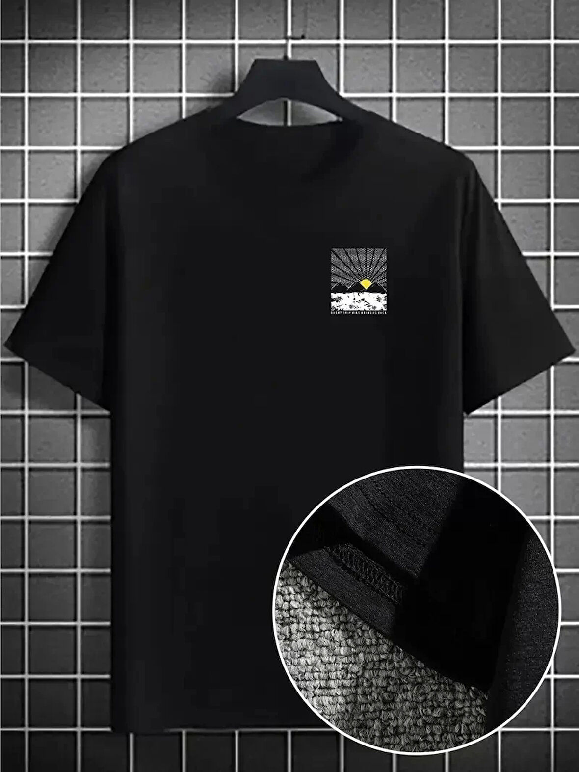 Erkek Dağ Grafikli Tişört, Yaz için Büyük Beden Rahat T-shirt - Siyah