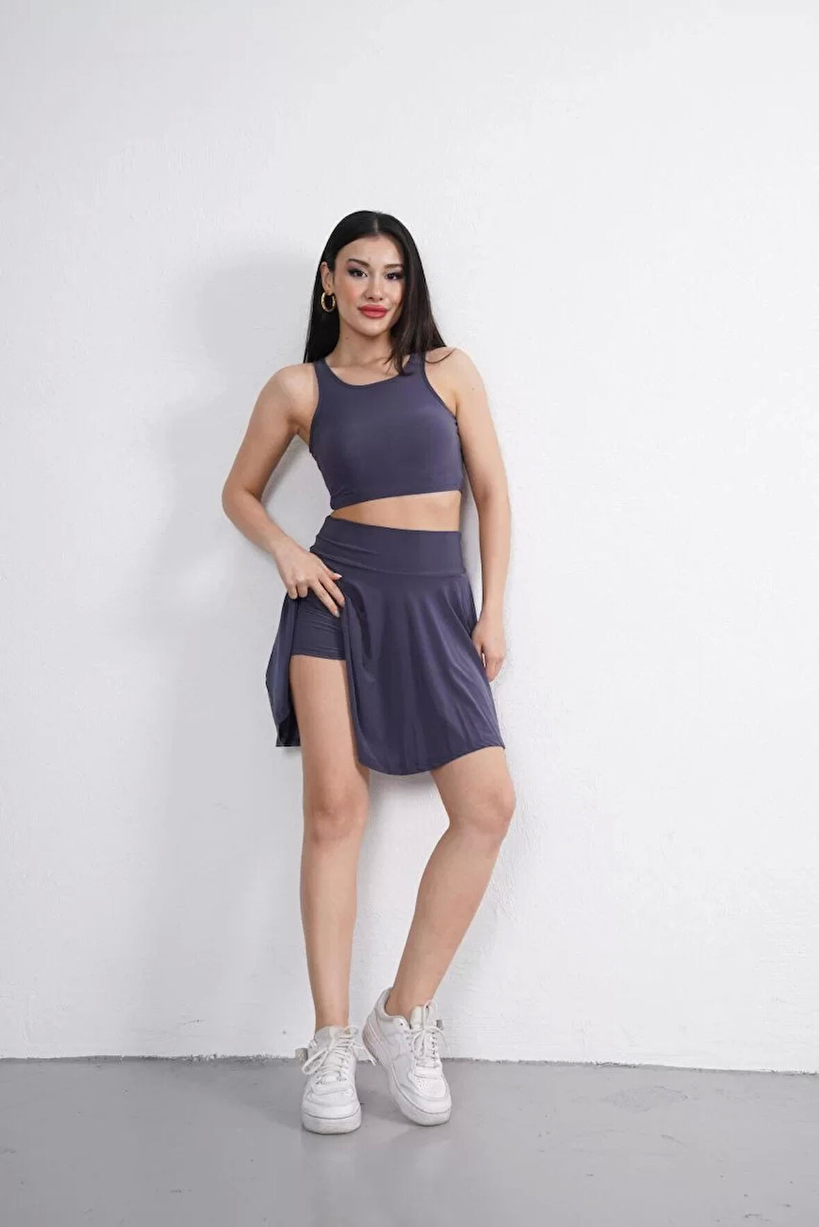 Sendy Kumaş Bisiklet Yaka Crop Şortlu Etek ikili Takım - Antrasit