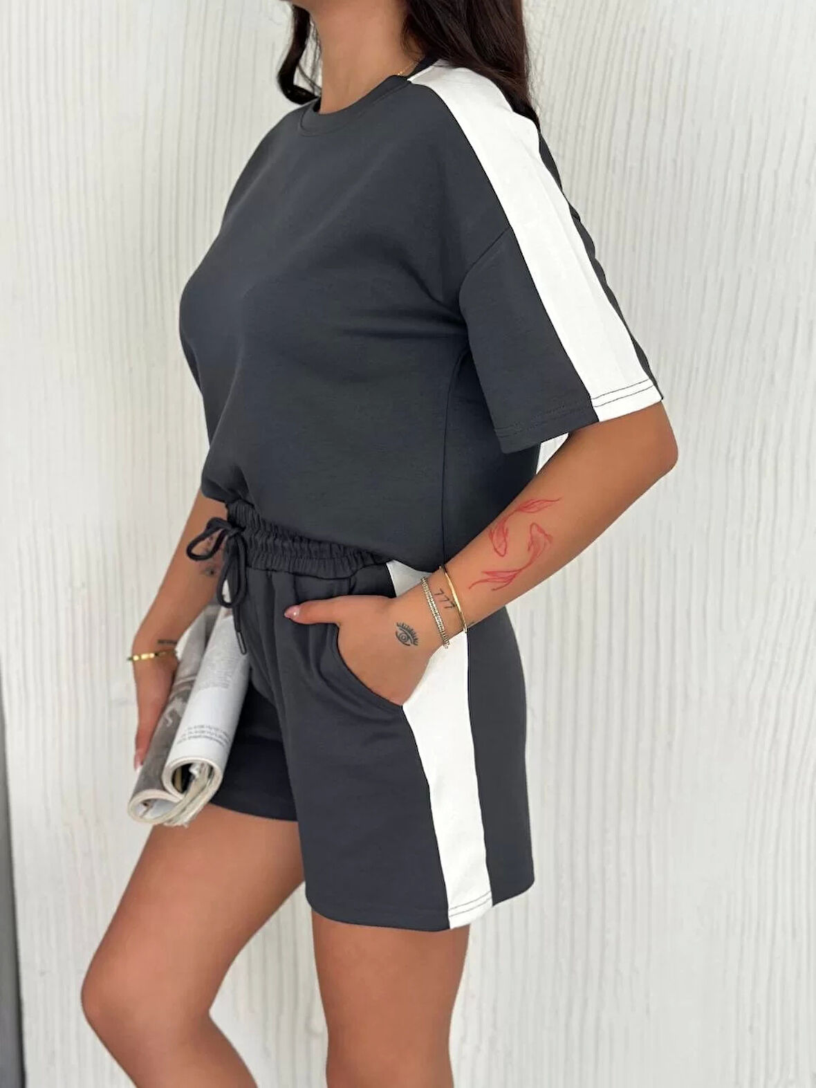 Osy Modal yumuşak dokulu Kumaş Kadın Parçalı Bisiklet Yaka T-shirt Kısa Şort İkili Takım - Antrasit