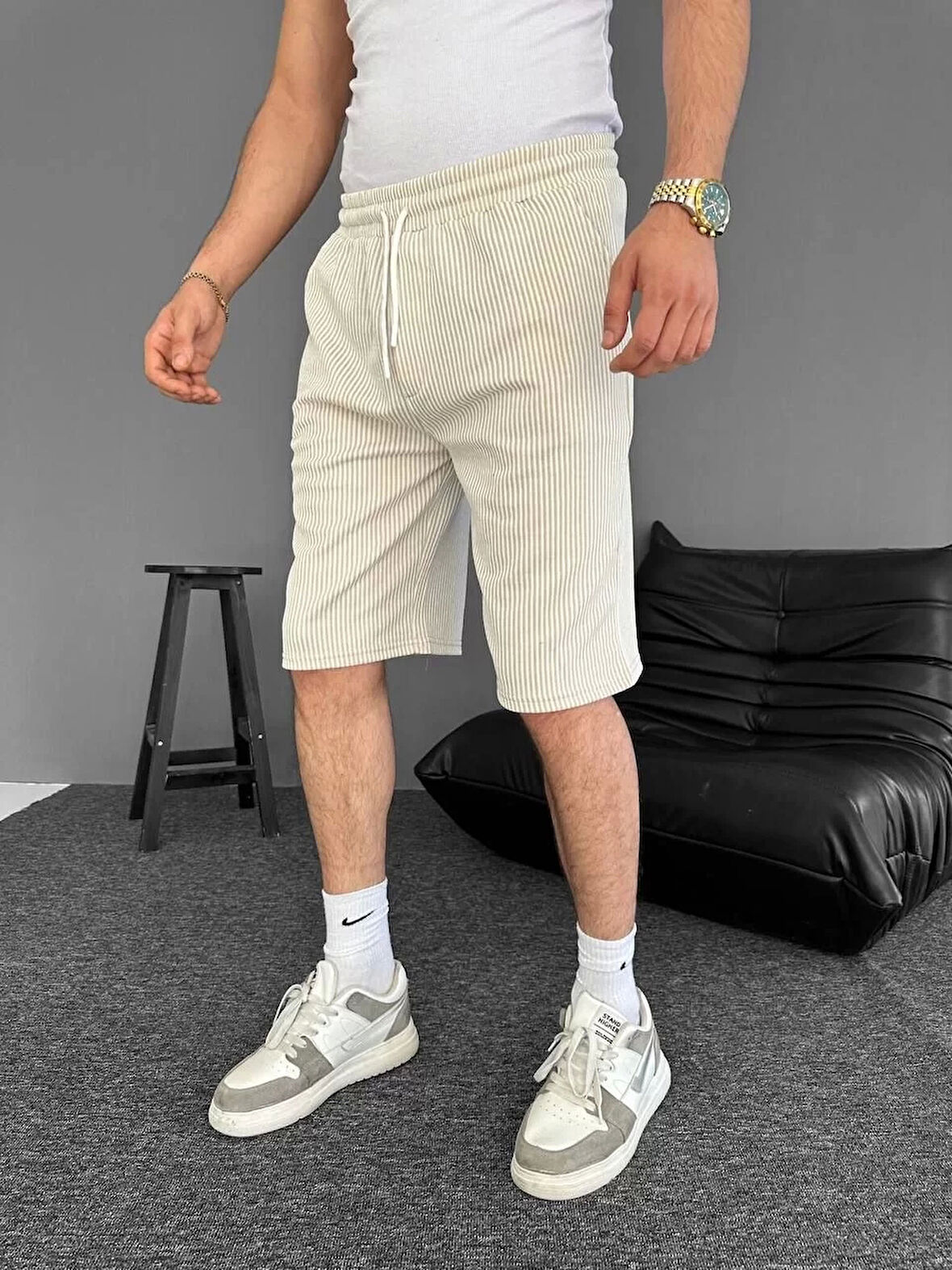 Su Yolu Çizgili Ön Arka Cepli Şort Yazlık Nefes Alabilir - Bej